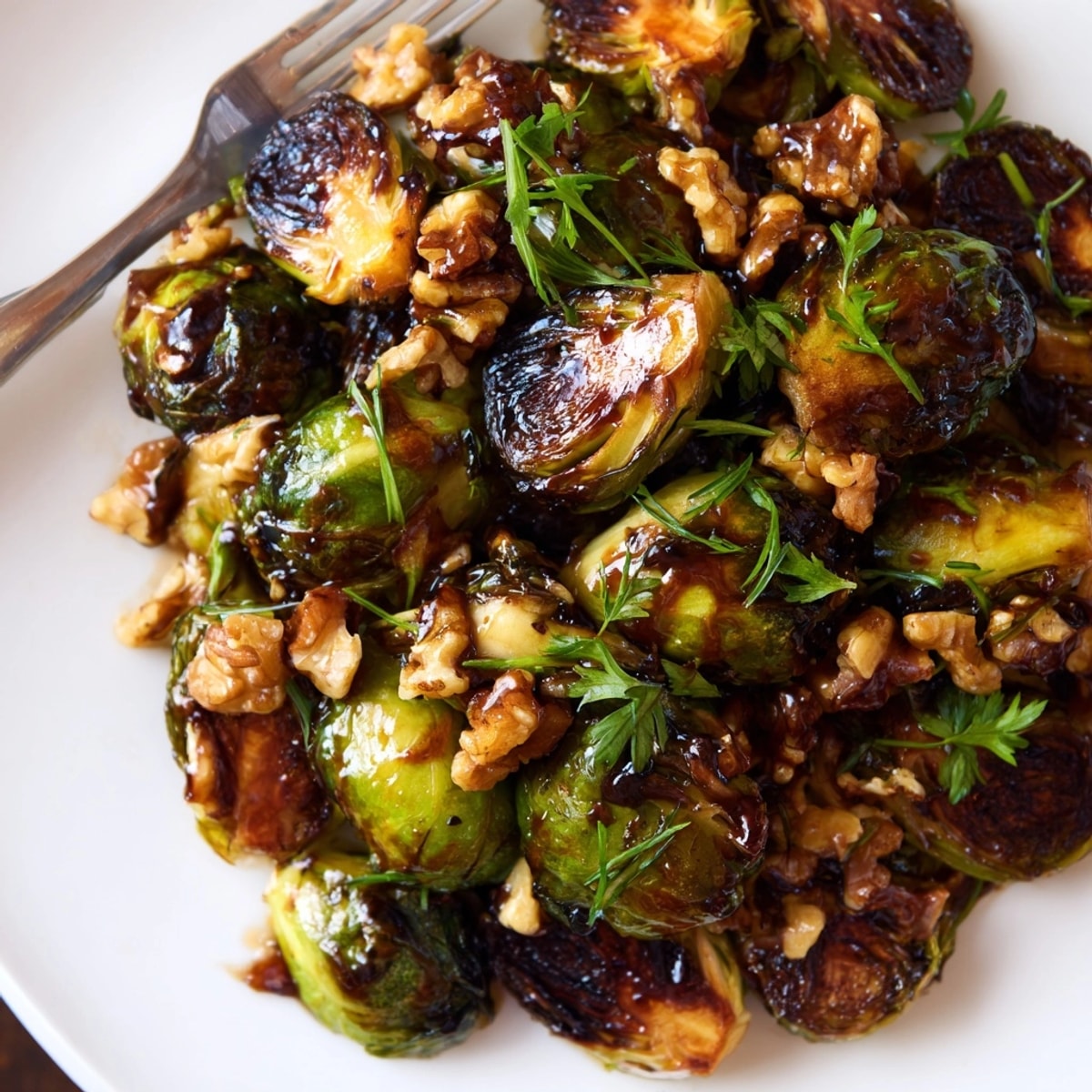 Golden Maple Glazed Brussels Sprouts with Walnuts roasting, ready for a cozy autumn dinner.