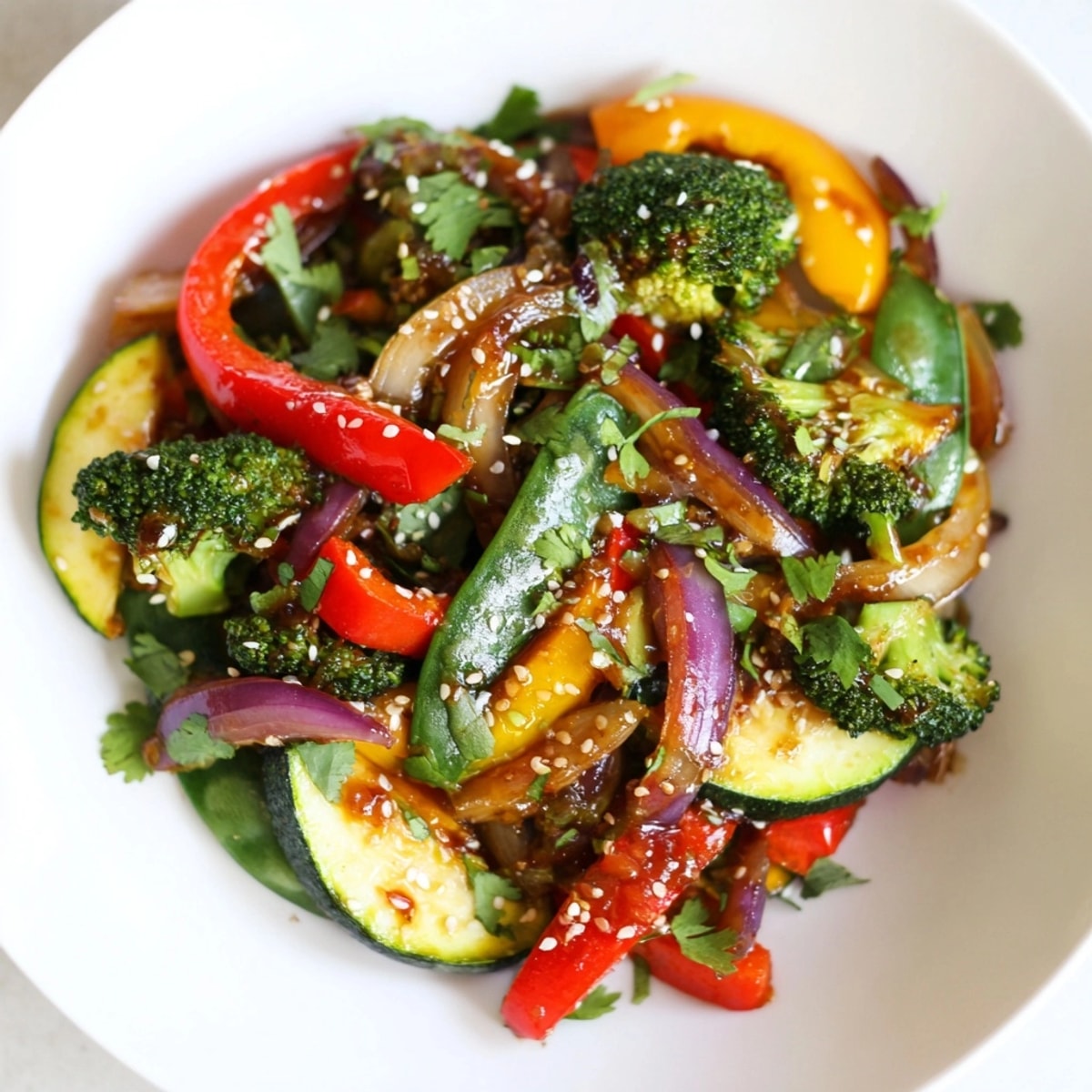 A steaming plate of homemade Ancho Chile Vegetable Stir-Fry, garnished with lime wedges and cilantro.