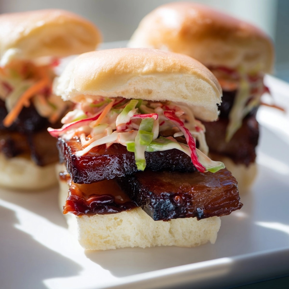 Golden Bourbon Glazed Pork Belly Sliders with bright slaw, ready to serve.