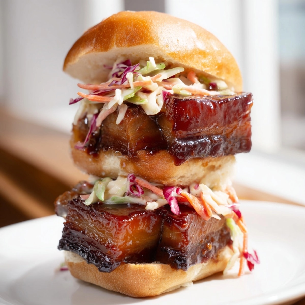 Homemade Bourbon Glazed Pork Belly Sliders recipe—stacked high on toasted buns.