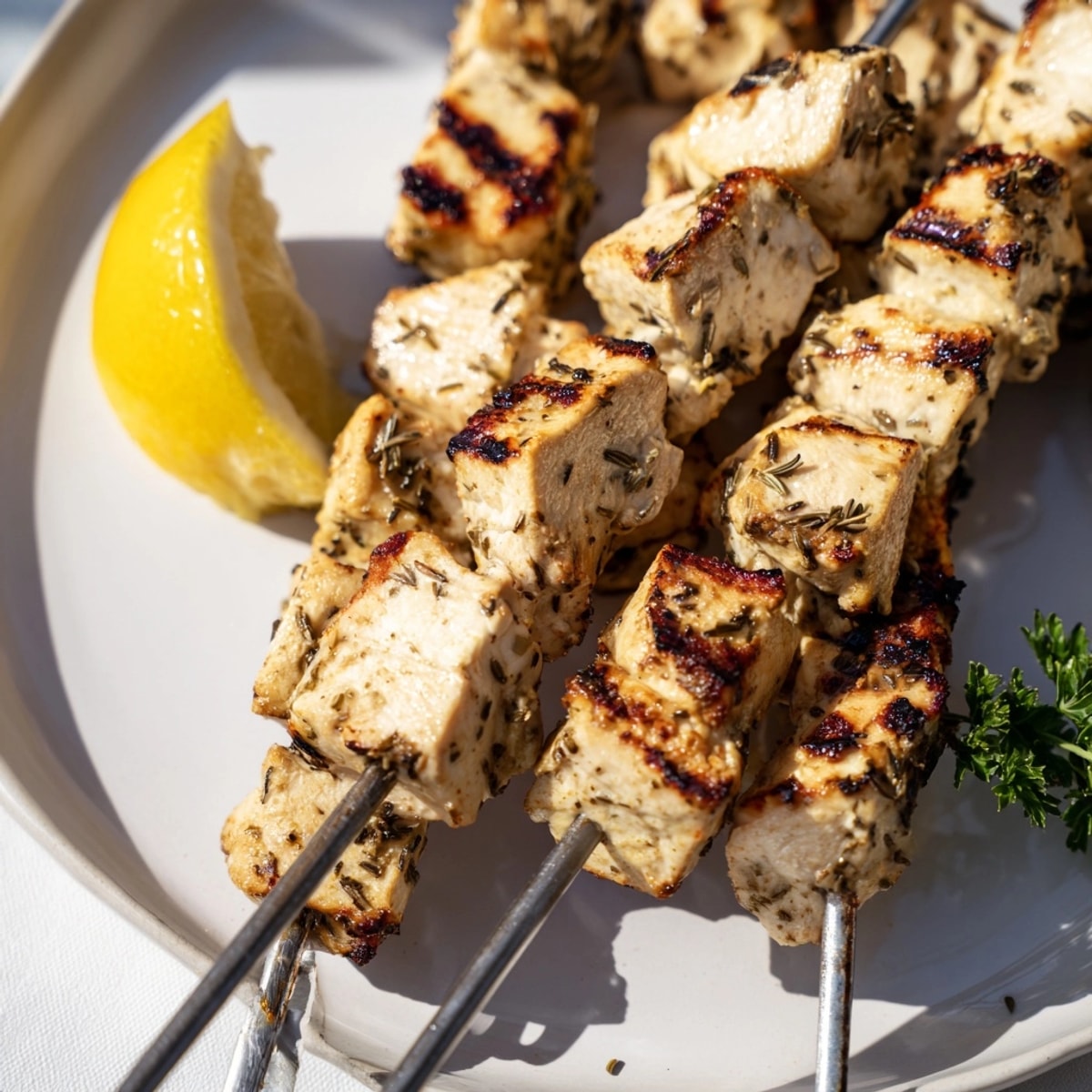 Grilled Honey Lavender Chicken Skewers: Juicy, golden-brown chicken with herbs, ready for summer grilling.