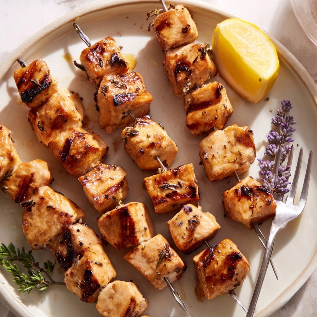 Close-up of Honey Lavender Chicken Skewers, showing the marinade and grill marks.
