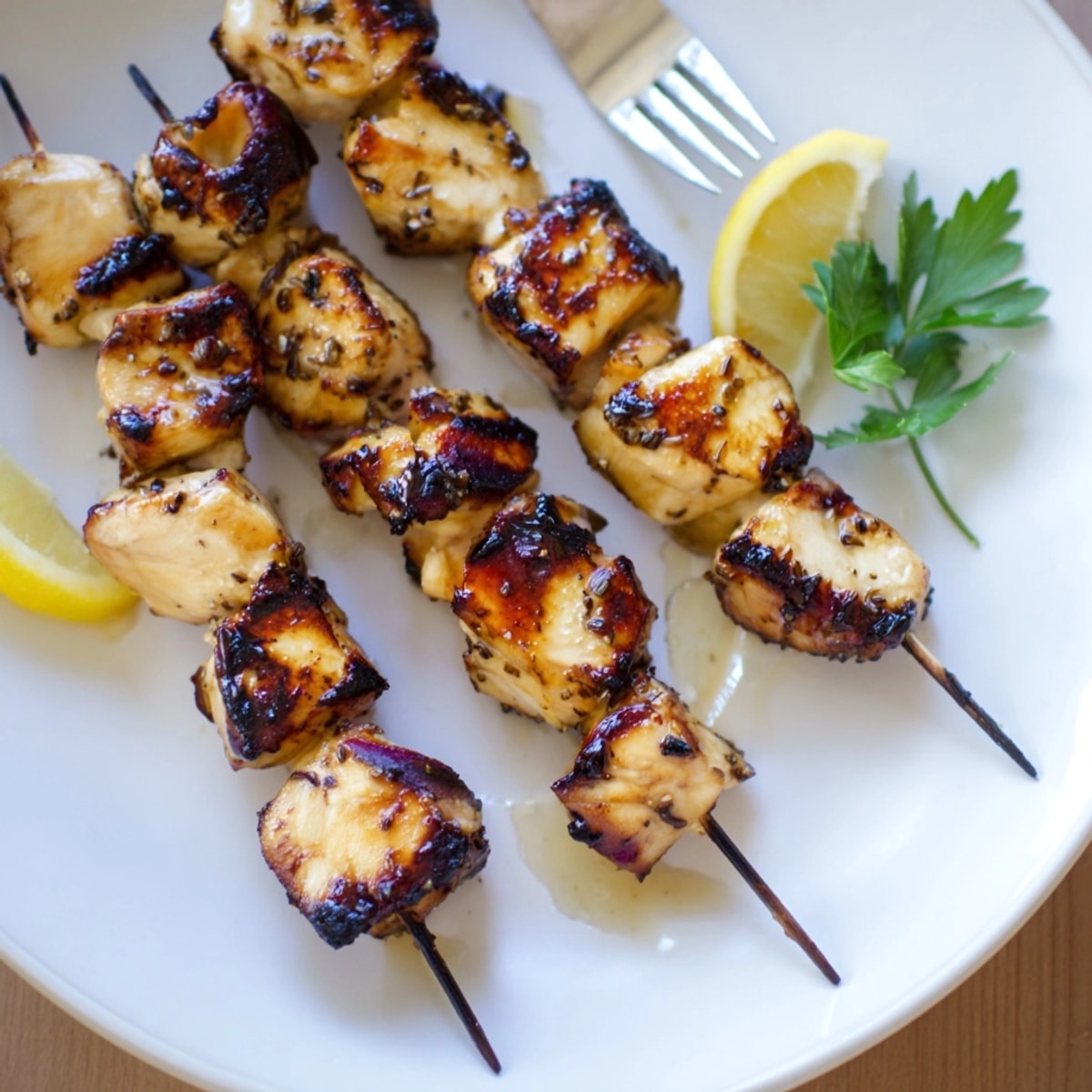 Floral and savory: Honey Lavender Chicken Skewers recipe, plated with lemon, a tasty summer meal.
