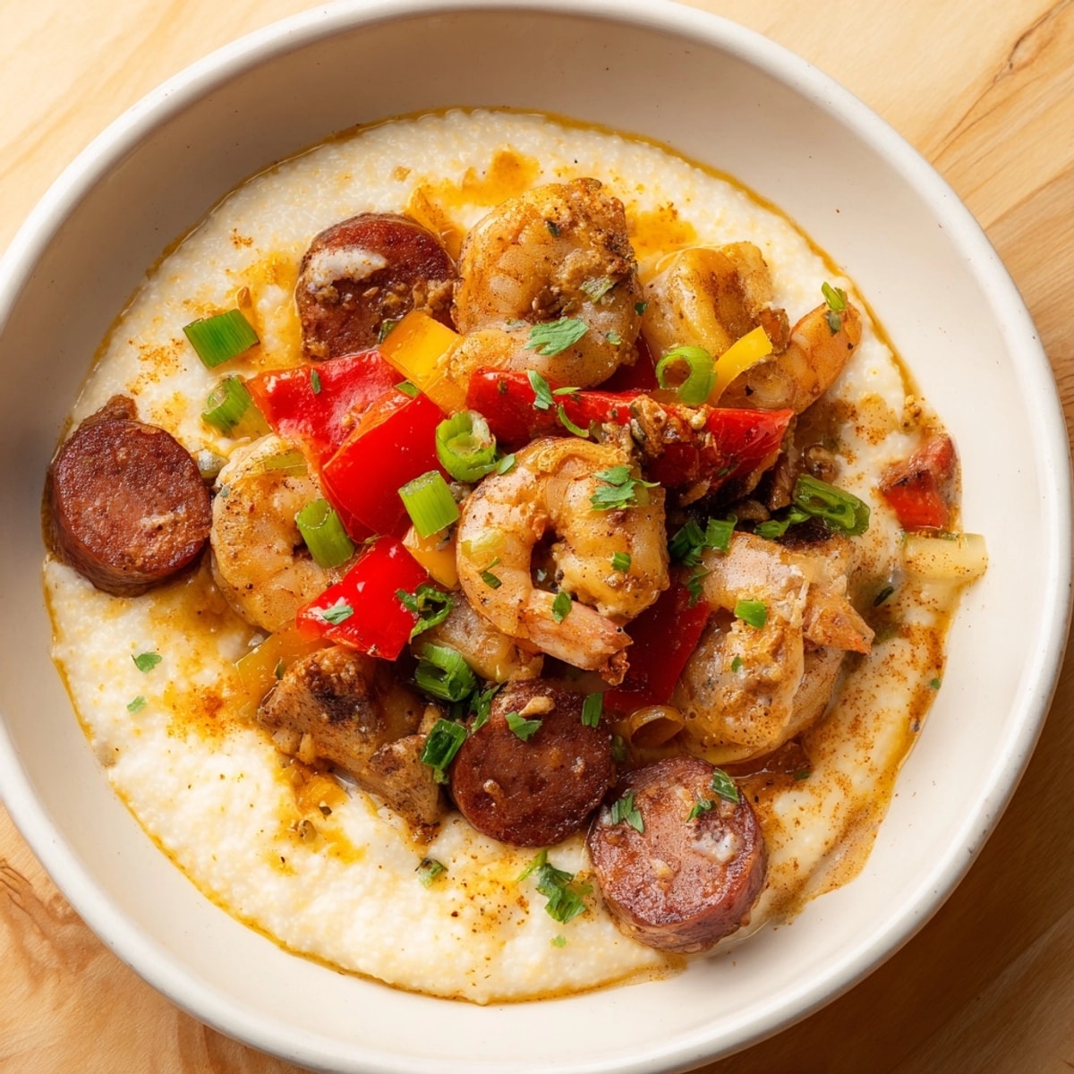 Creamy Cajun Shrimp & Grits with Andouille: a spicy, cheesy Southern delight served hot.
