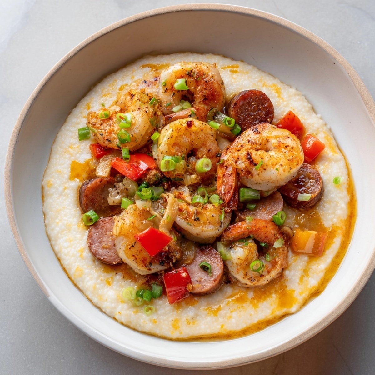 Close-up of flavorful Cajun Shrimp &amp; Grits; Andouille sausage sits atop creamy stone-ground grits.
