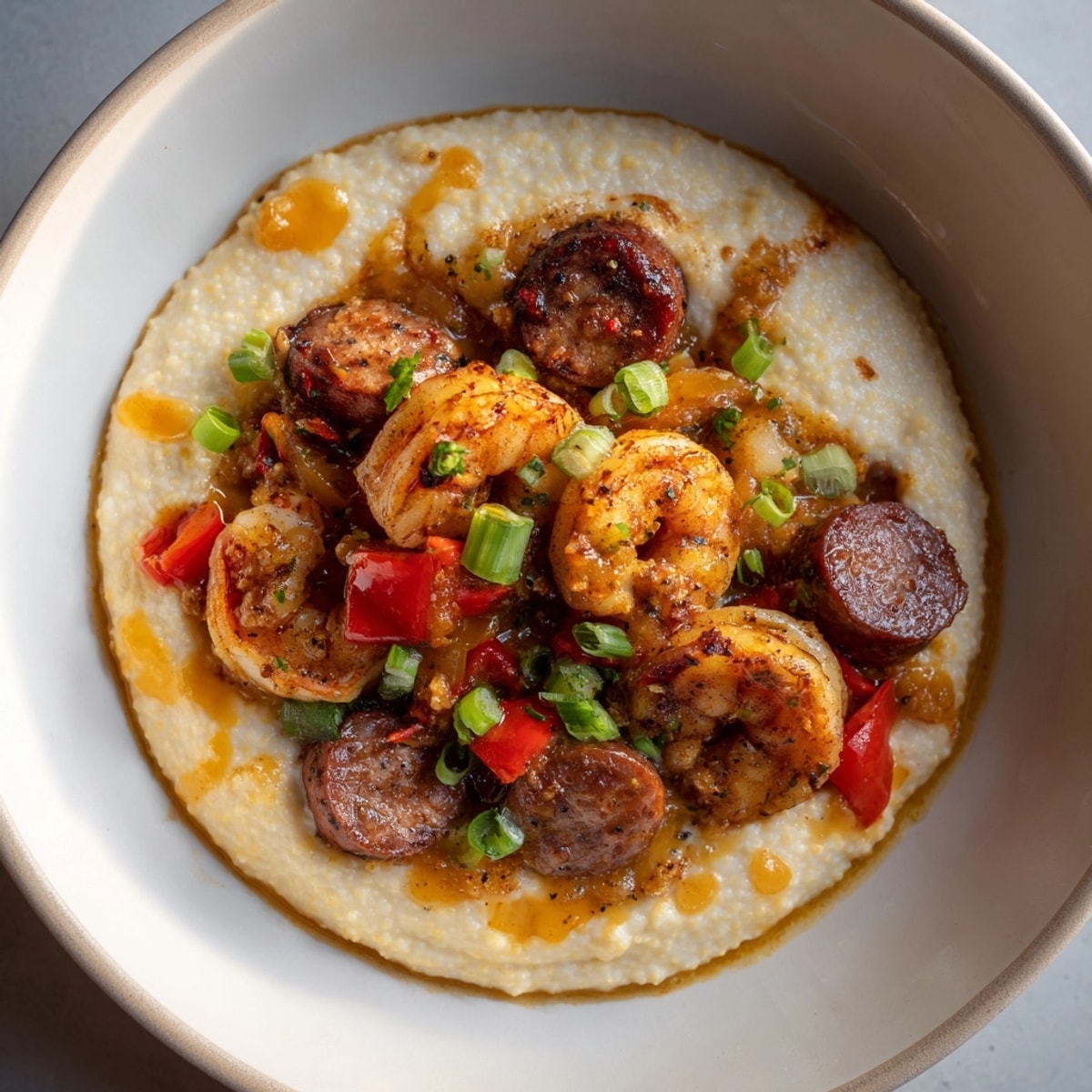 Buttery Cajun Shrimp &amp; Grits with Andouille, garnished with fresh scallions and parsley, ready to serve!