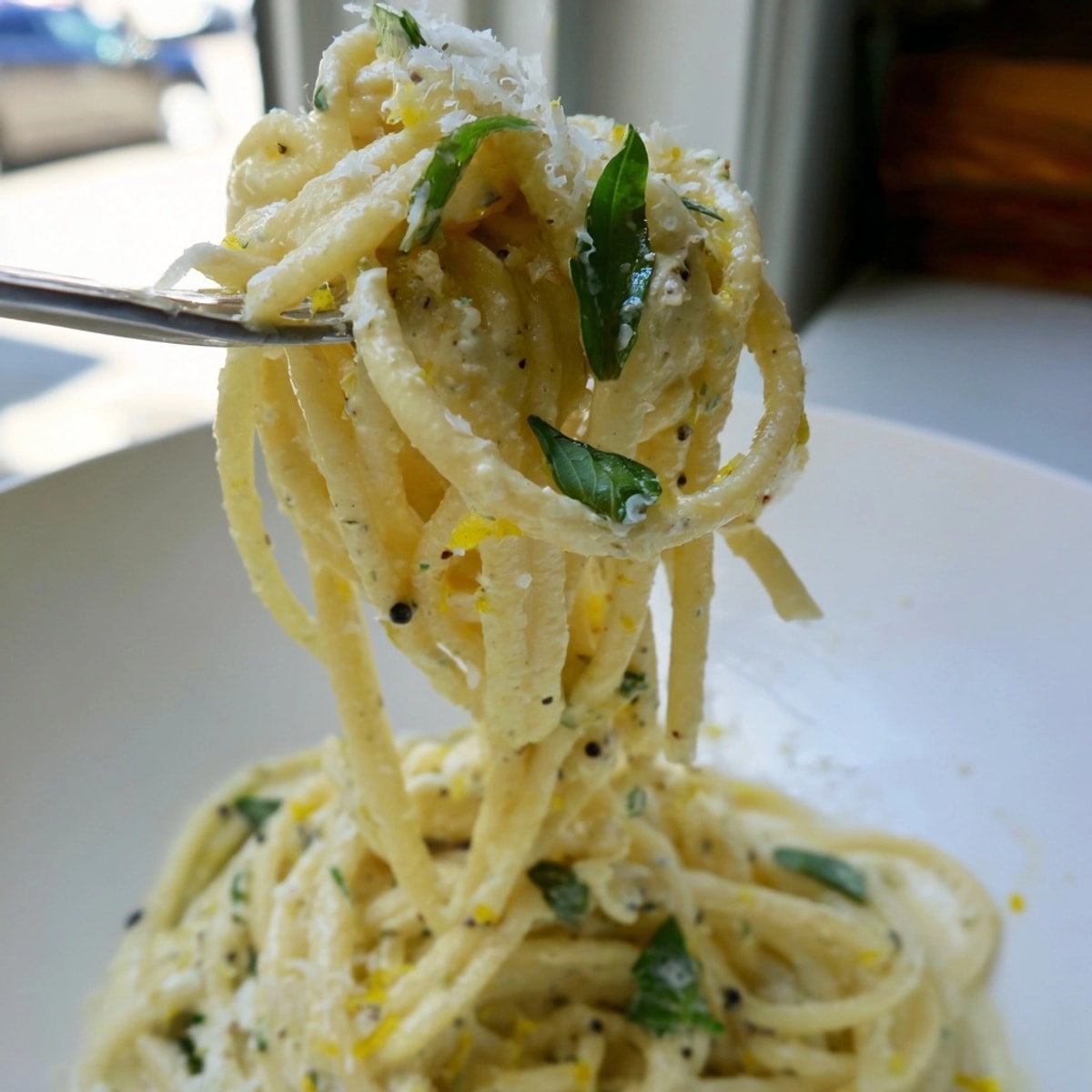 Close-up of Lemon Basil Ricotta Pasta, garnished with fresh basil and parmesan.