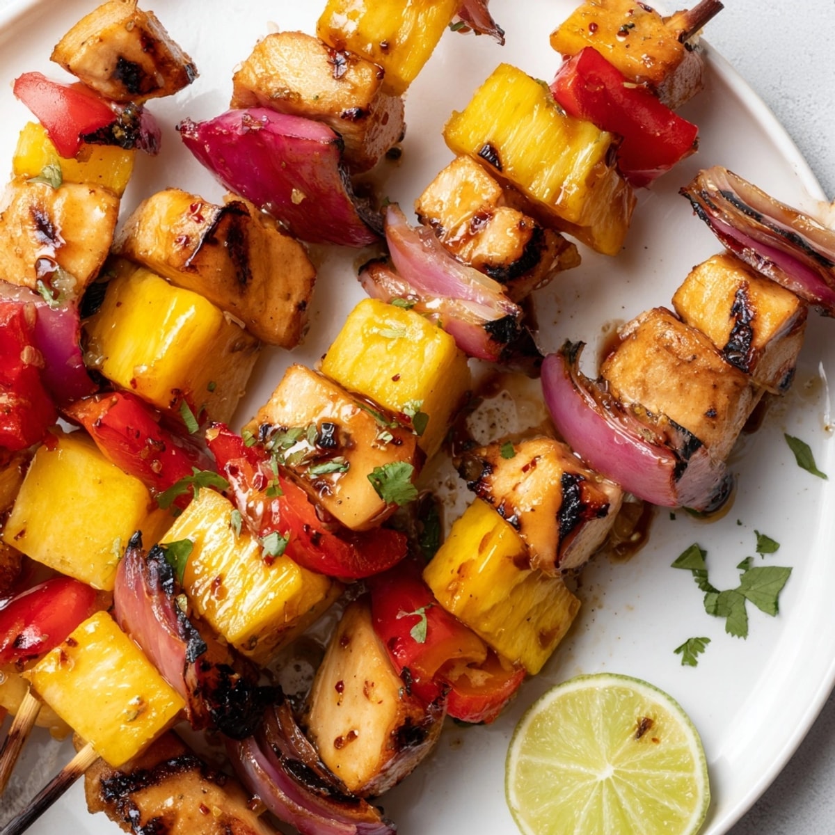 Grilled Sweet & Savory Pineapple Chicken Skewers glistening, charred, and ready to serve with lime wedges.