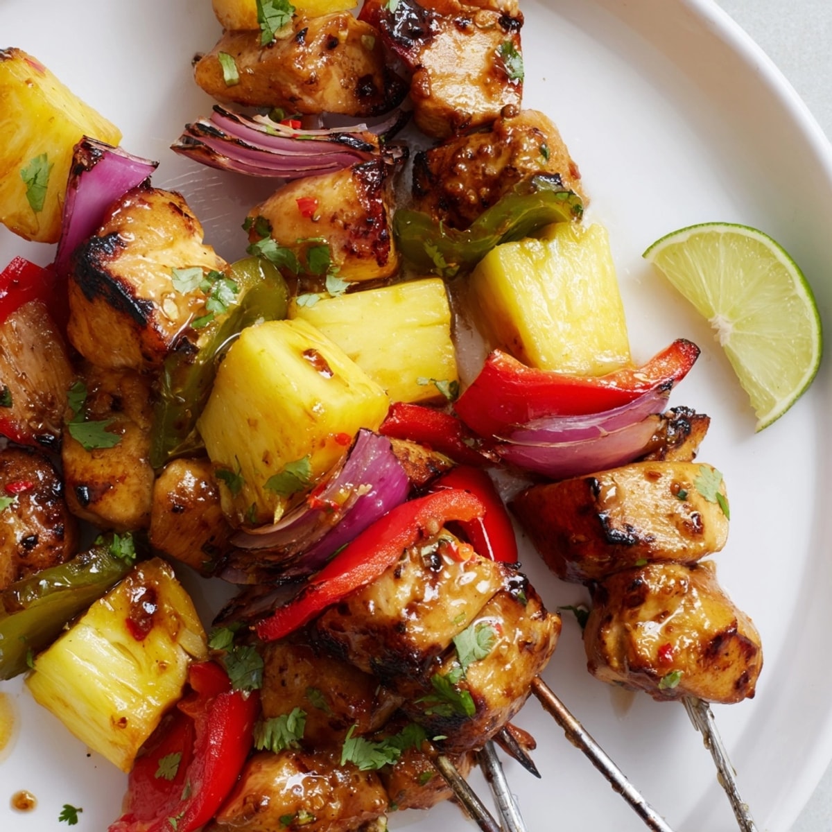 Close-up of juicy Sweet &amp; Savory Pineapple Chicken Skewers with red and yellow bell peppers.