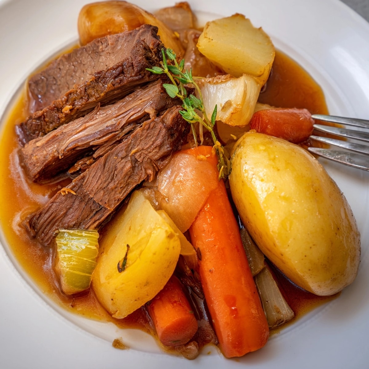 Close-up of tender Beer-Braised Brisket & Root Vegetables in a rich, dark gravy.