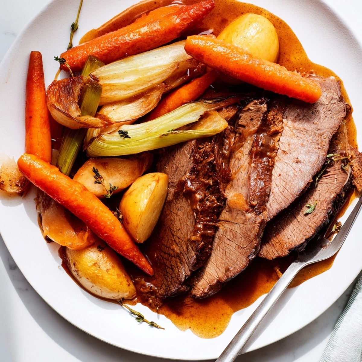 Fork-tender Beer-Braised Brisket with colorful carrots, potatoes, and parsnips, ready for serving.