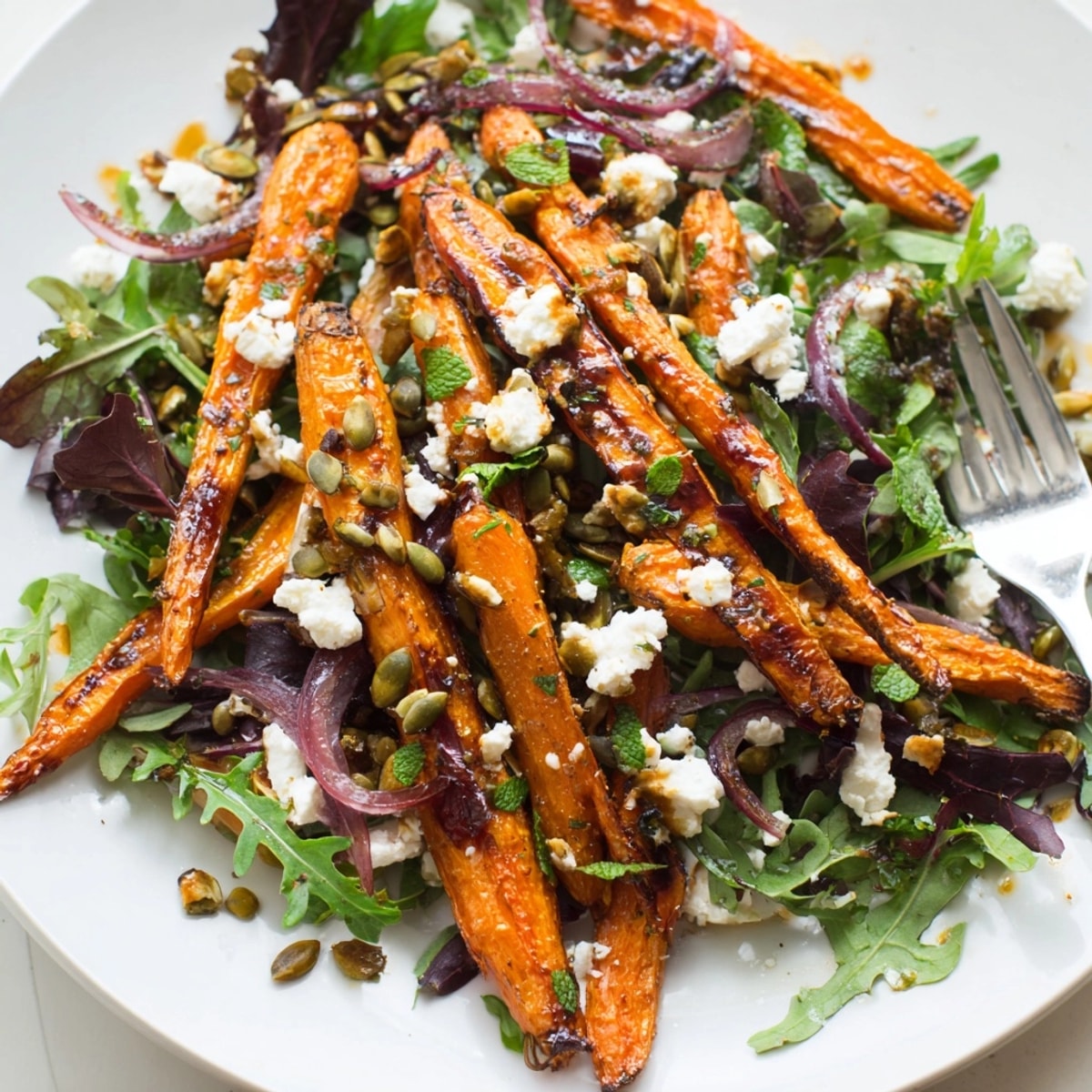 Golden roasted carrot sticks in a Roasted Carrot & Feta Salad, glistening with honey.