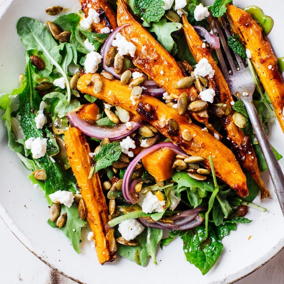 Creamy feta crumbles top this vibrant Roasted Carrot &amp; Feta Salad with pumpkin seeds.