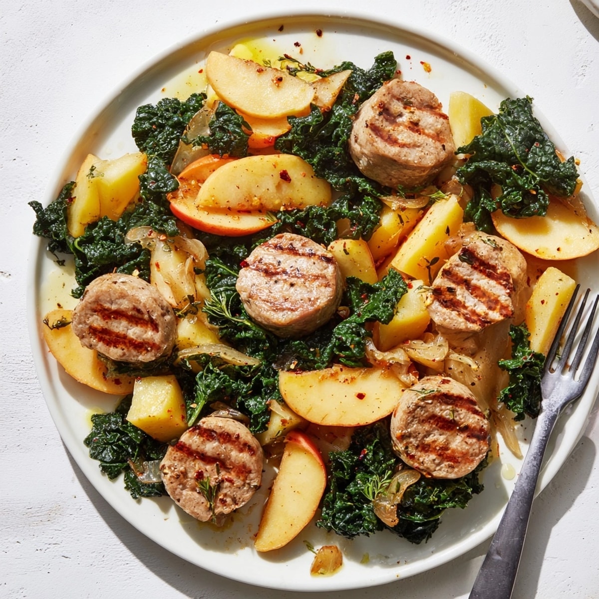 Golden Spiced Apple & Kale Chicken Sausage Bake, glistening with savory pan juices.