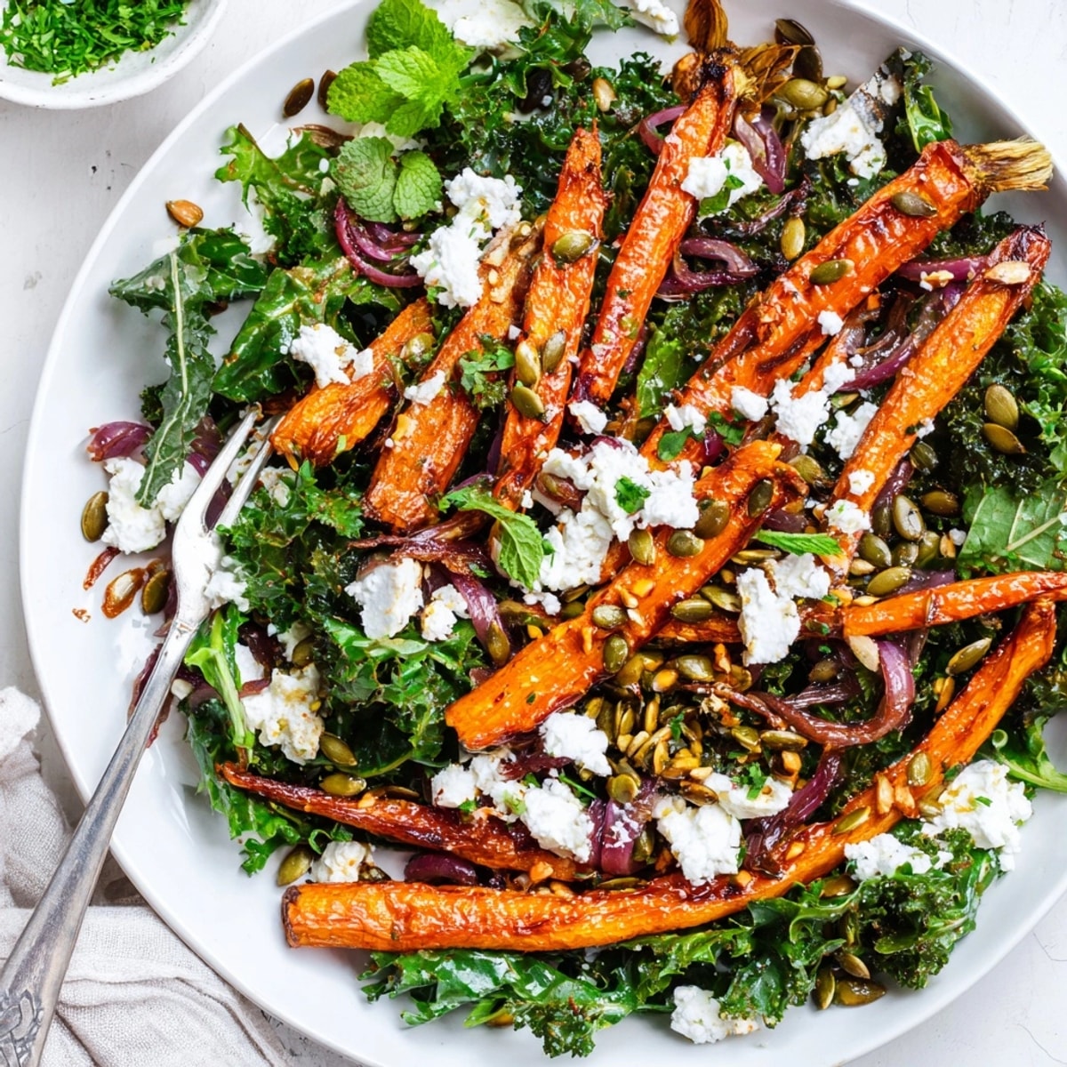 Close-up of a juicy Roasted Carrot &amp; Feta Salad, smelling of lemon and fresh herbs.