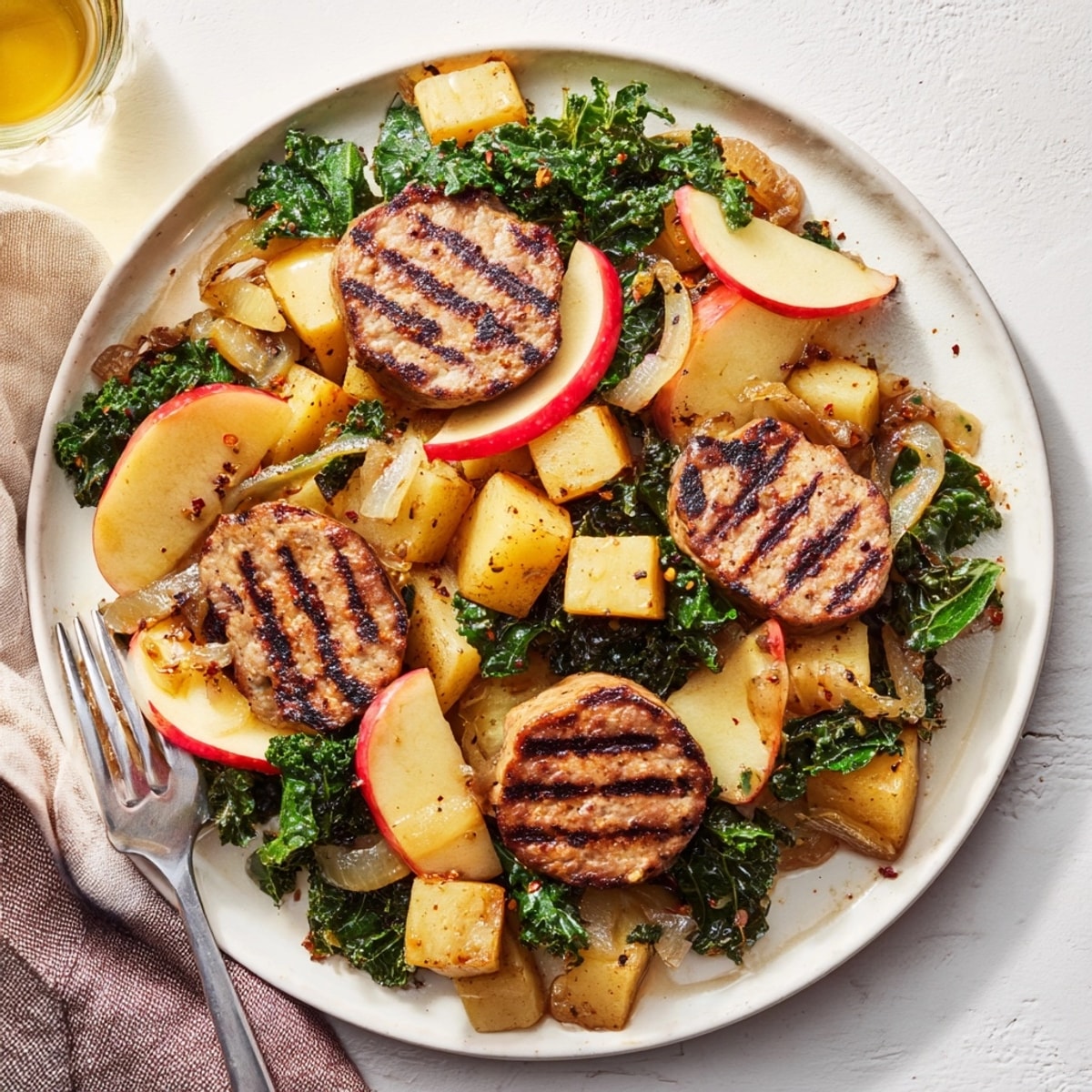Baked Spiced Apple &amp; Kale Chicken Sausage, a colorful autumn dish ready to serve.