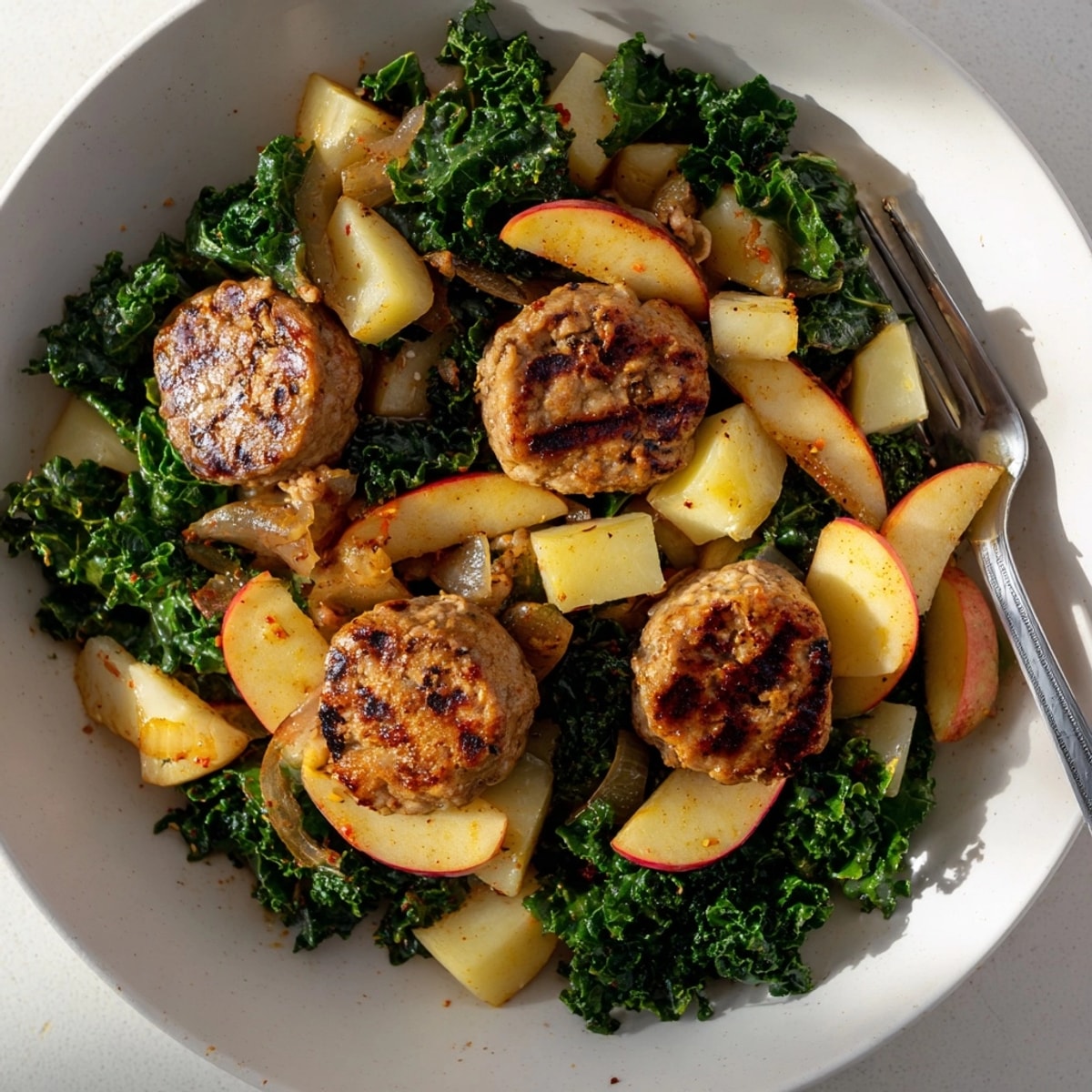 Comforting Spiced Apple &amp; Kale Chicken Sausage Bake, with crispy kale edges and juicy apples.