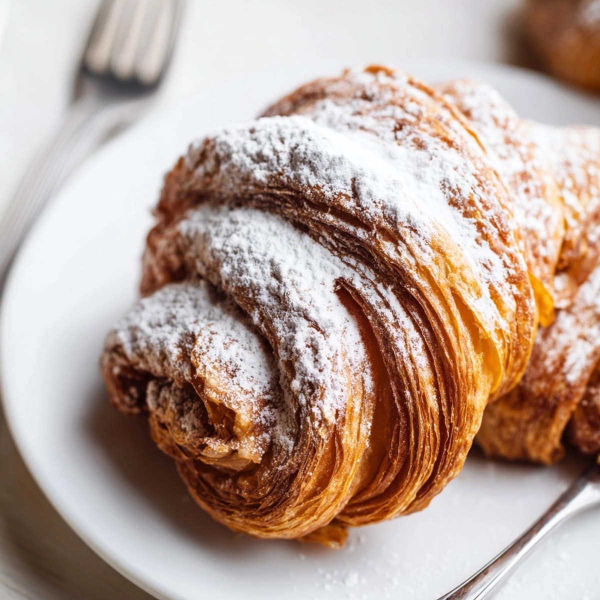 Close-up of crisp Viral Spiral Croissant showing golden layers; perfect with morning coffee.