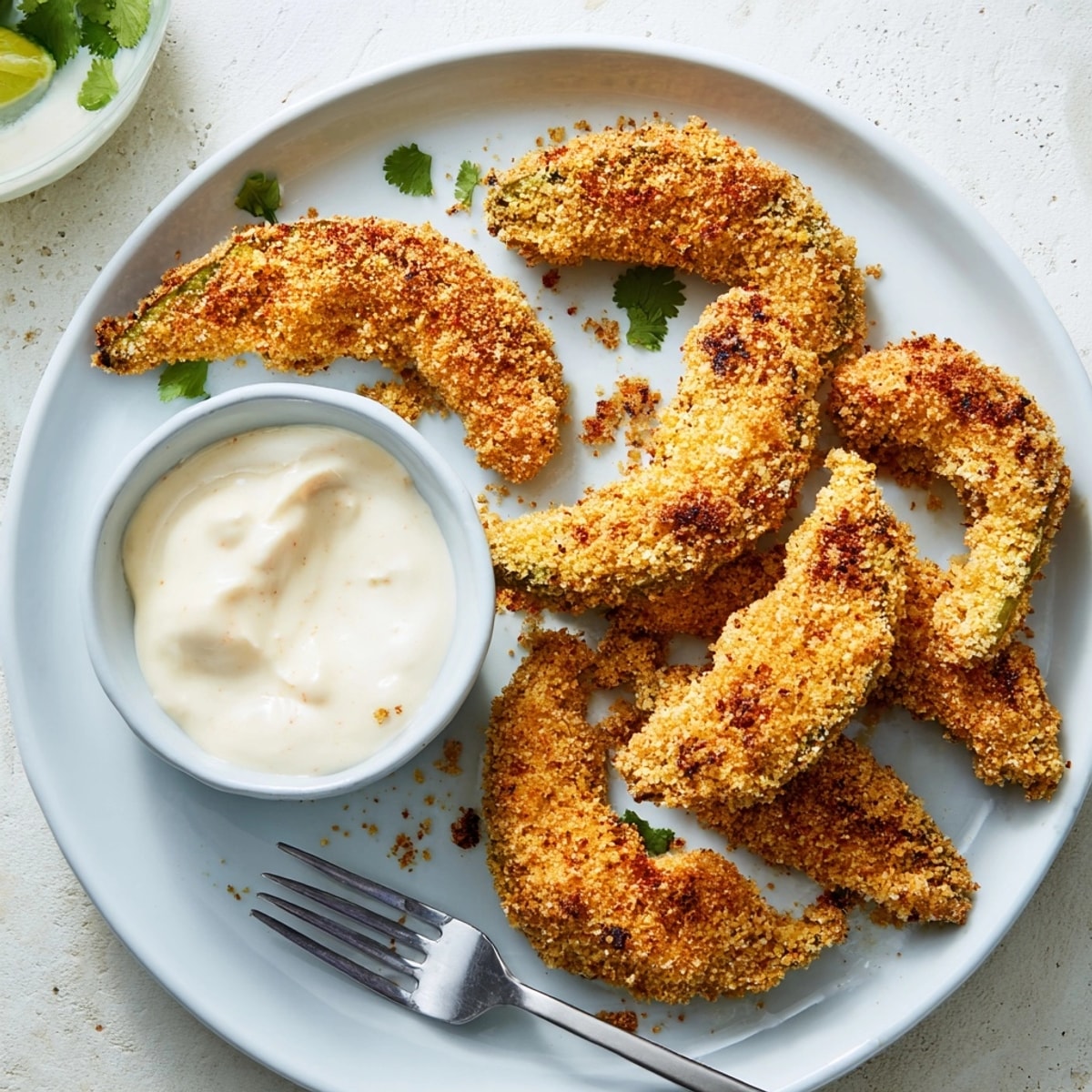 Golden brown Avocado Fries beckon, crispy panko coating hints at warm paprika spice.