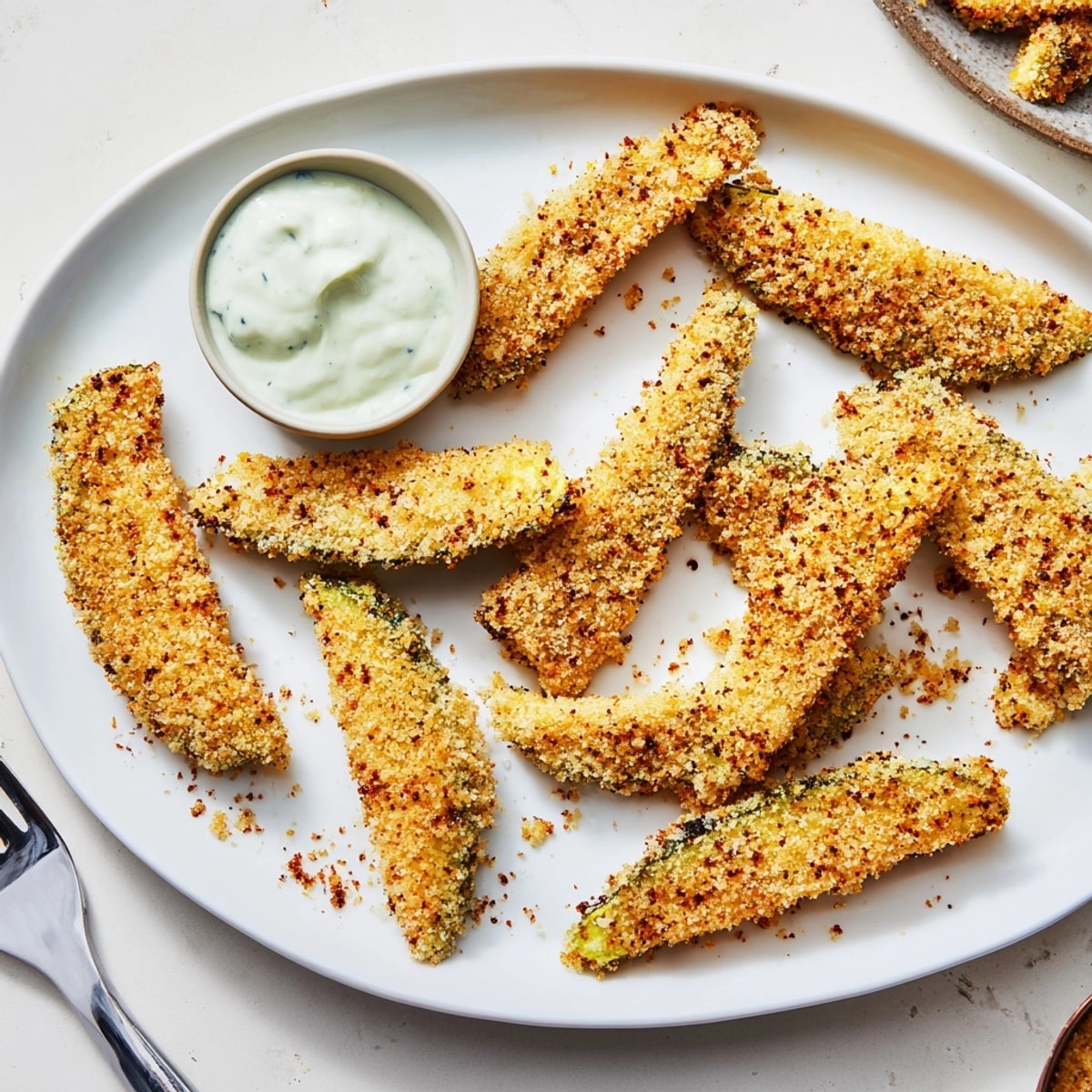 Homemade Avocado Fries recipe: Baked until crunchy, served hot with a tangy yogurt dipping sauce.