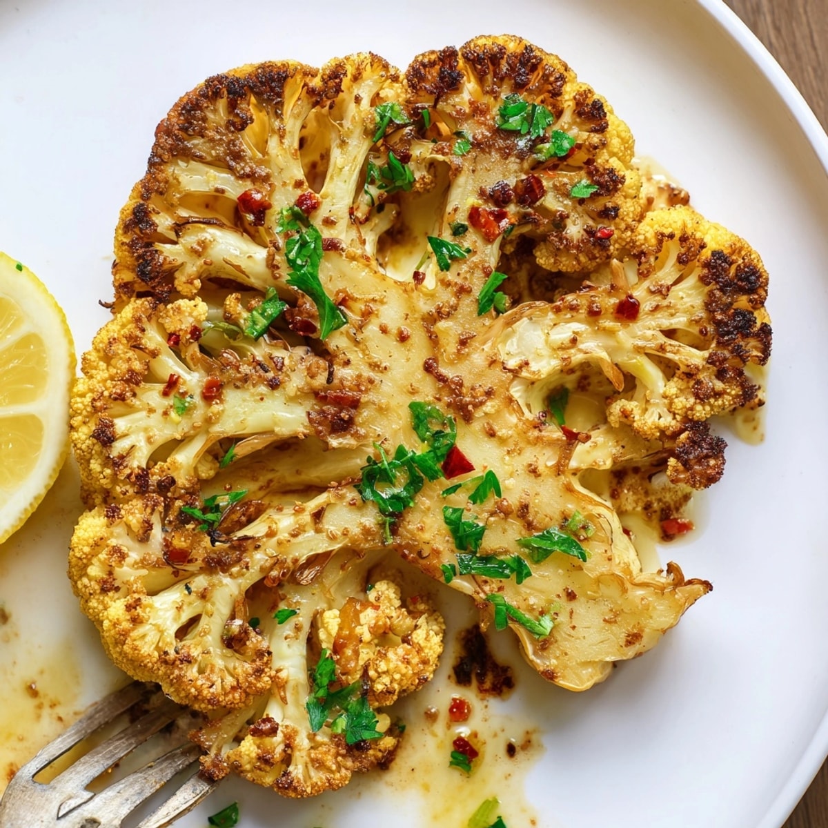 Golden brown Roasted Cauliflower Steaks on parchment, drizzled with olive oil and herbs.