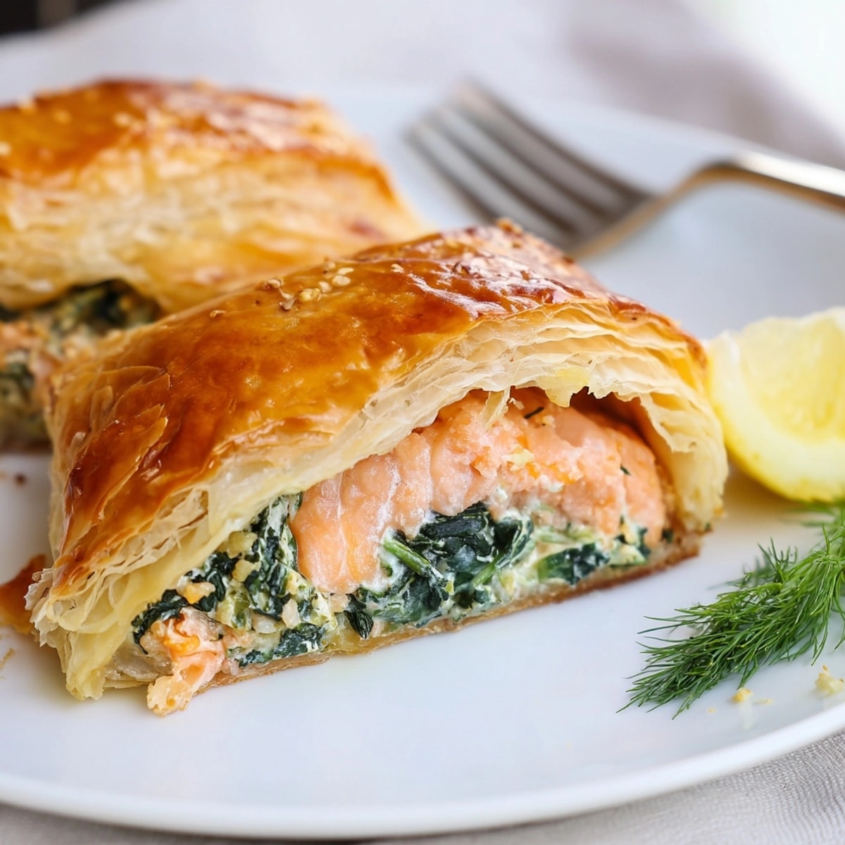 Golden Salmon en Croute: flaky pastry baked until crisp, enclosing a savory spinach filling.