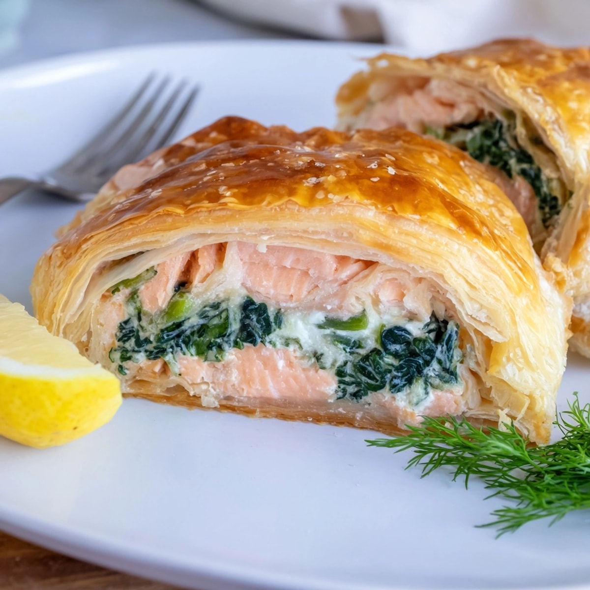 Perfectly baked Salmon en Croute, a delicious French main dish, served with lemon wedges.
