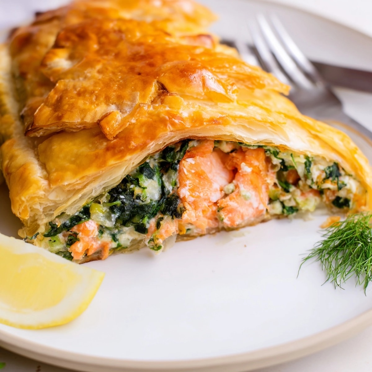 Close-up of Salmon en Croute revealing flaky crust and cream cheese stuffed fish.