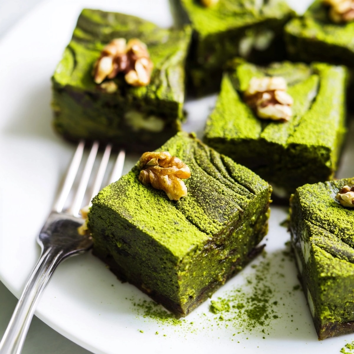 Close-up of deeply fudgy Matcha Brownies, swirled with white chocolate, cooling on a wire rack.