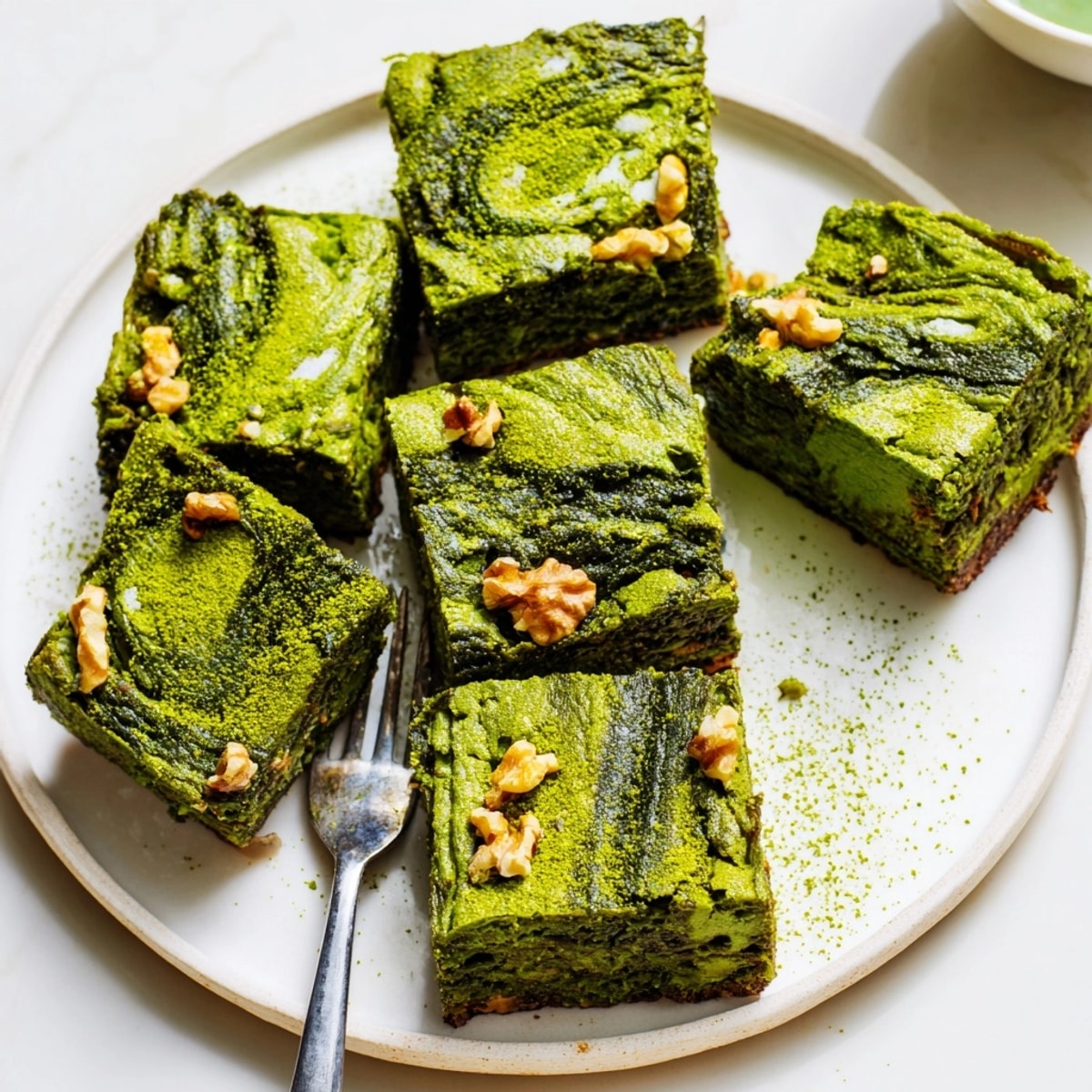 Top-down photo of sliced Fudgy Matcha Brownies, showcasing their rich green hue and chewy texture.