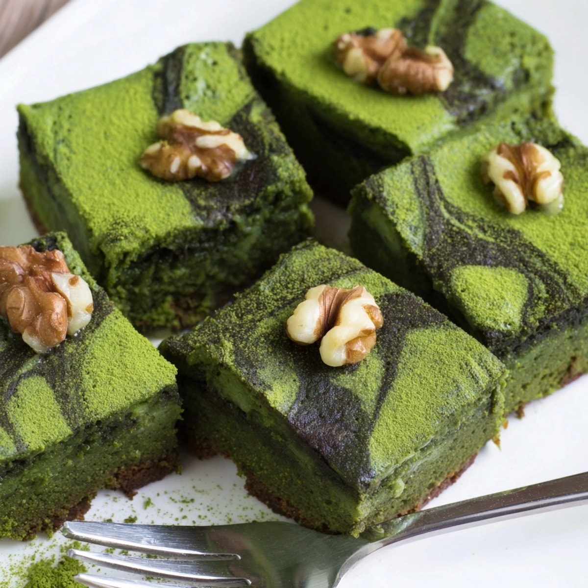 Golden-edged homemade Fudgy Matcha Brownies recipe, dusted with matcha powder, ready to serve.