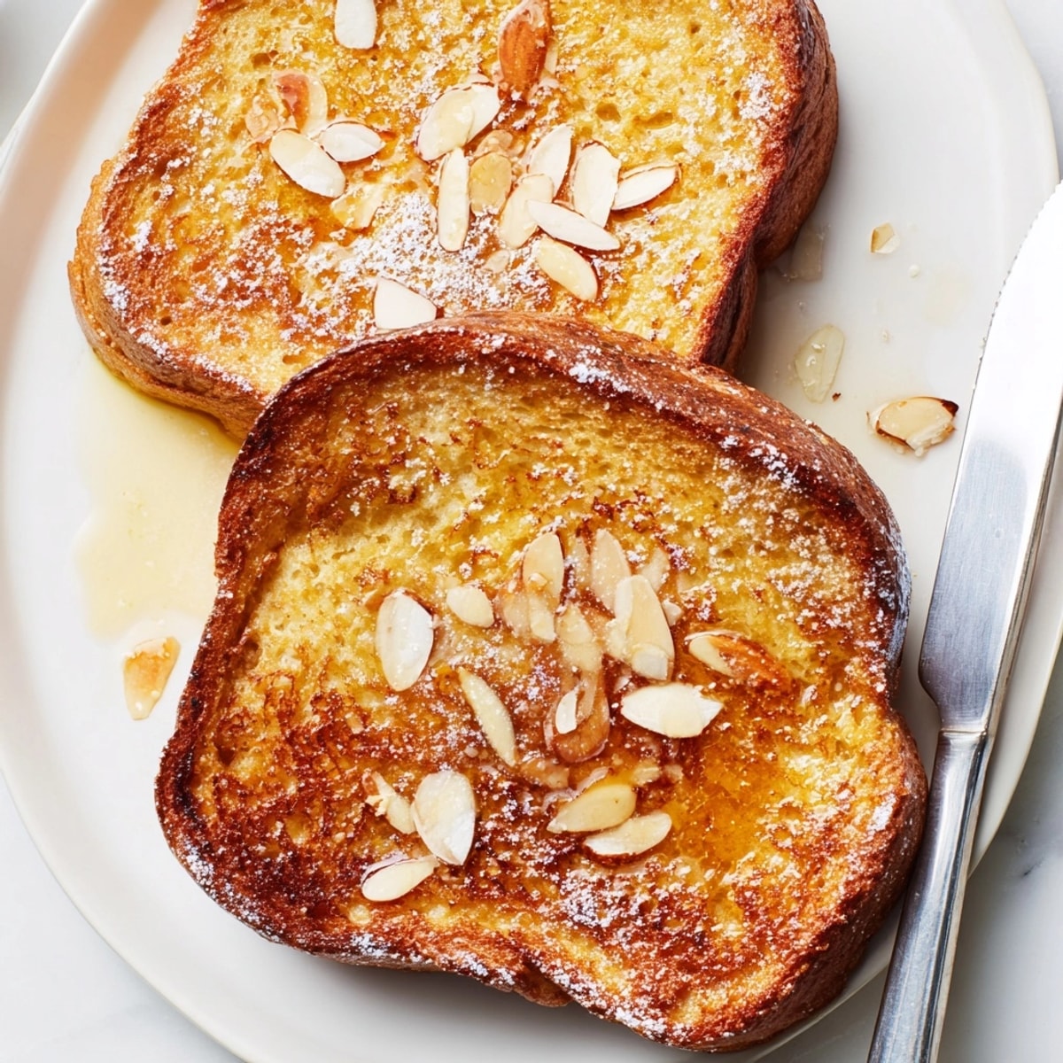 Golden Honey Butter Toast, warm and fragrant, topped with powdered sugar and sliced almonds.