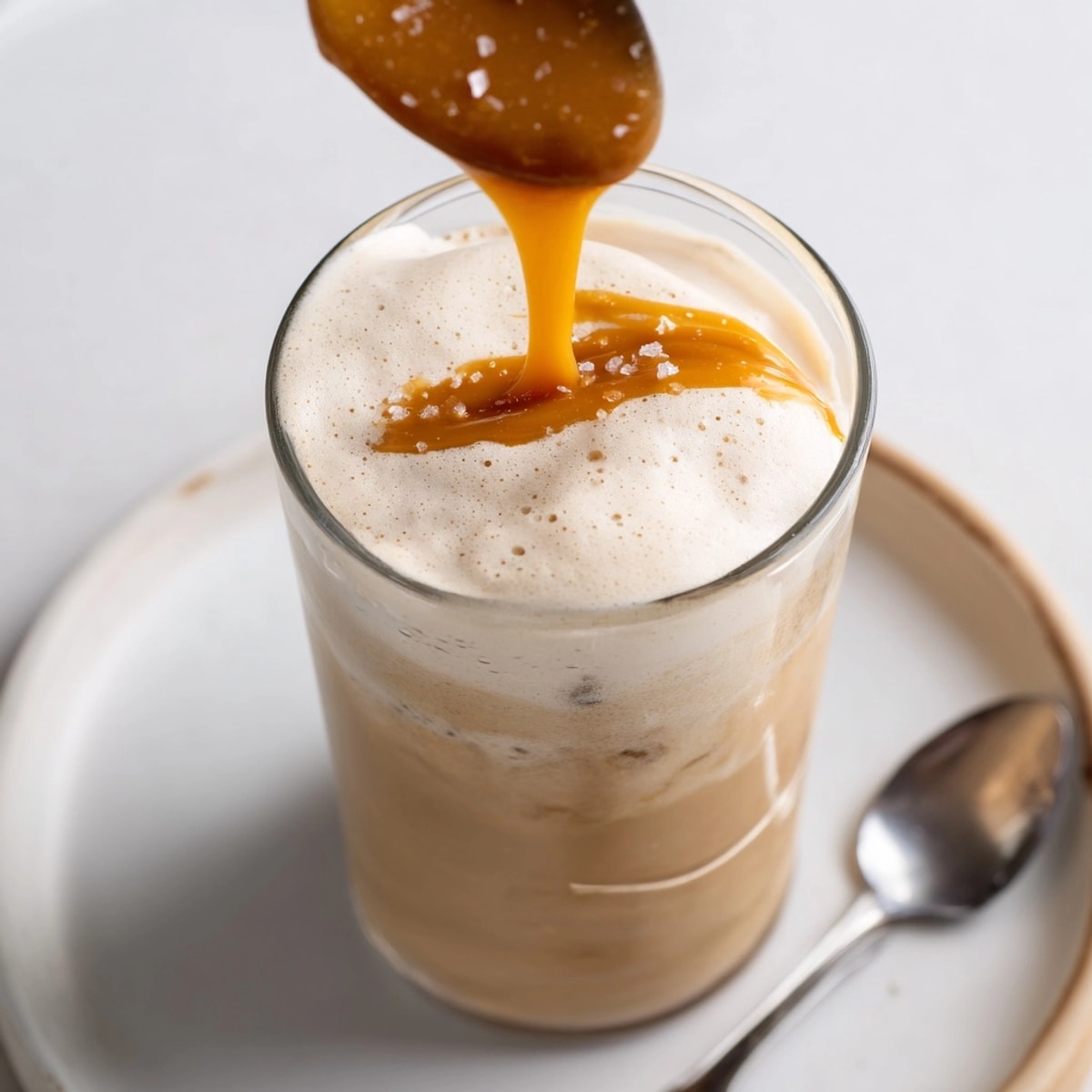 Creamy Salted Caramel Cold Foam swirls atop iced coffee, a sweet café-style treat.