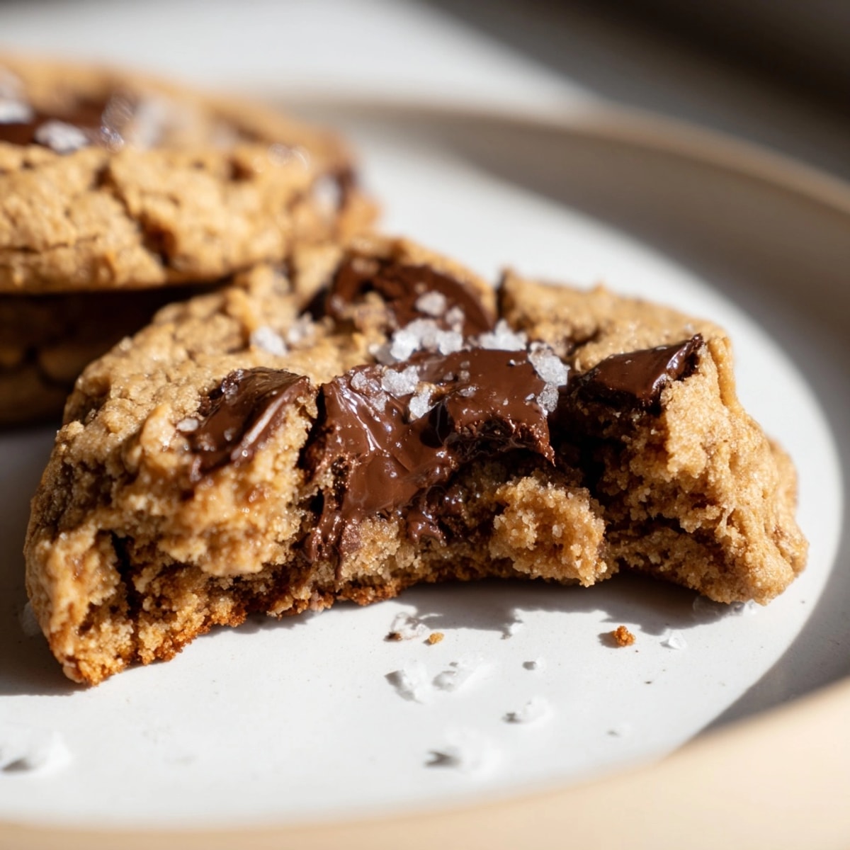 Golden Tahini Chocolate Chip Cookies with visible sesame swirls and melted chocolate chunks.