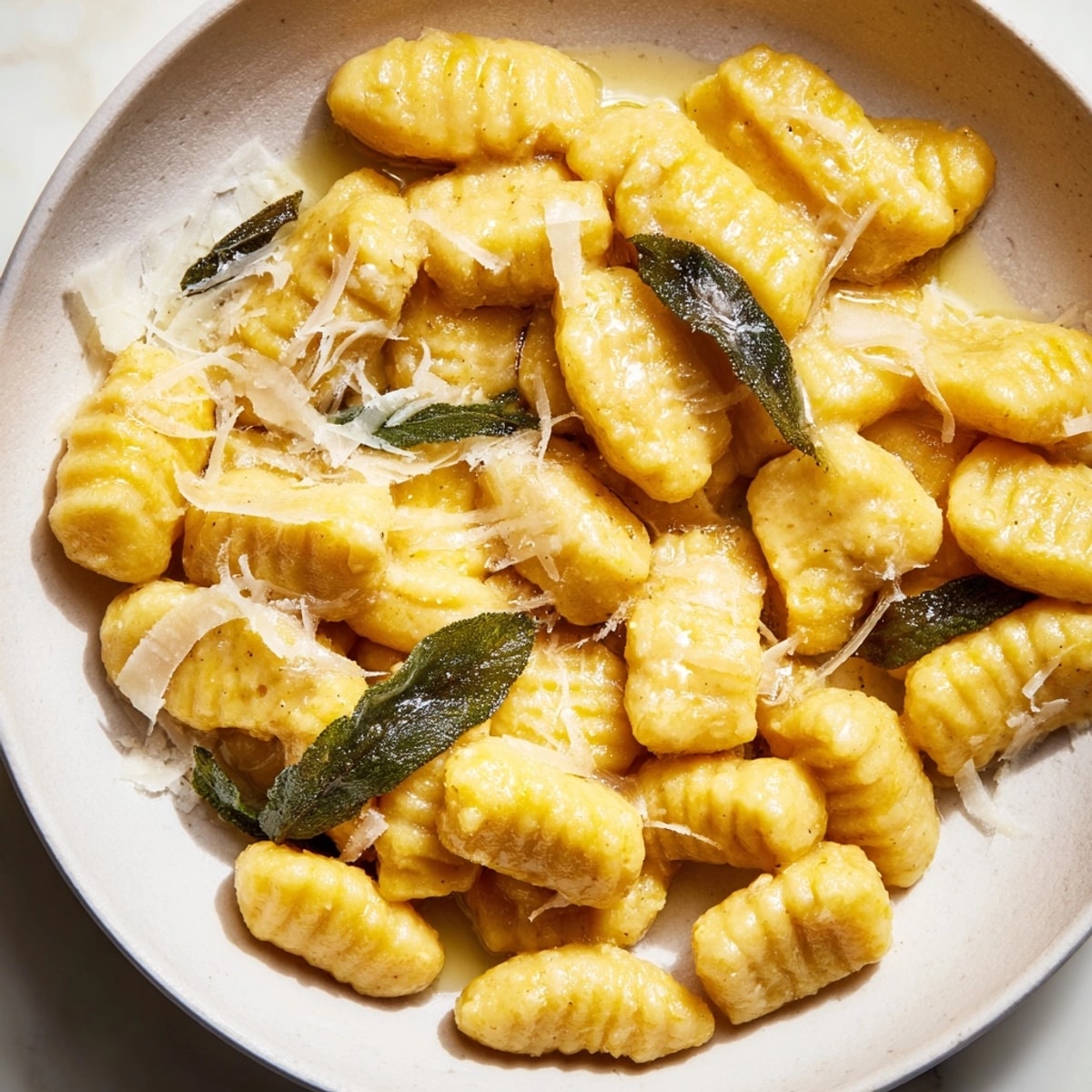 Golden, pan-tossed Sweet Potato Gnocchi with fragrant sage butter and grated parmesan cheese.