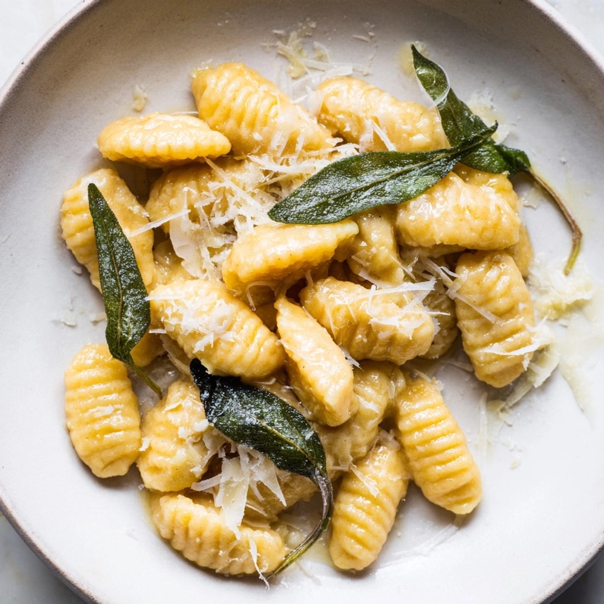 Close-up shows tender Sweet Potato Gnocchi, lightly browned, ready to be enjoyed with crisp wine.