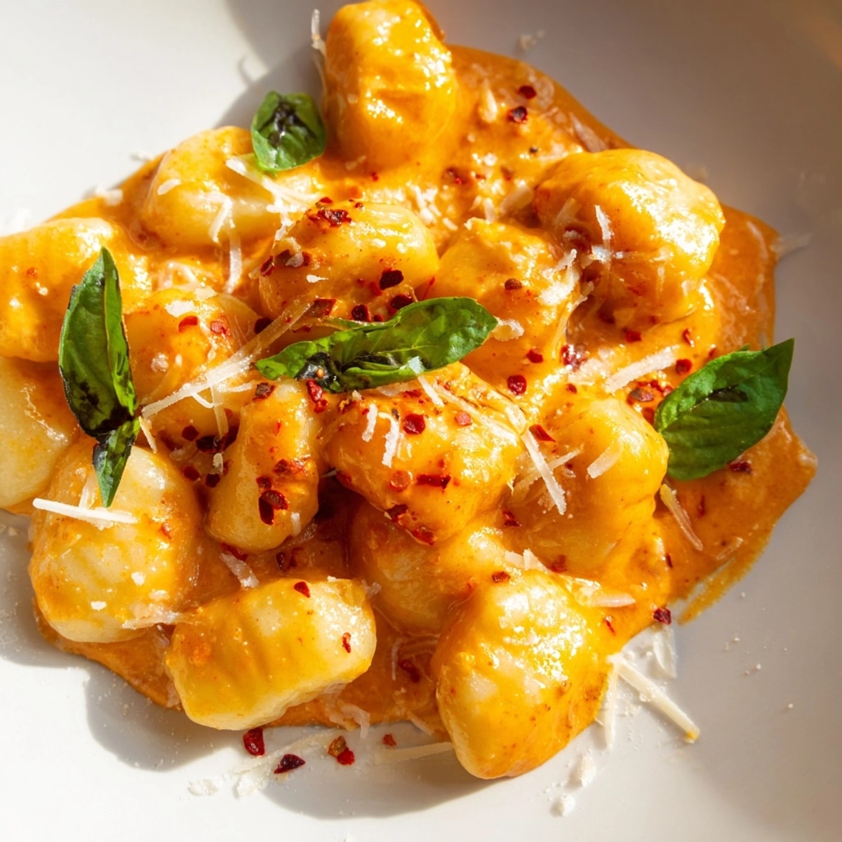Homemade Creamy Tomato Gnocchi, topped with basil and parmesan, a comforting weeknight meal.