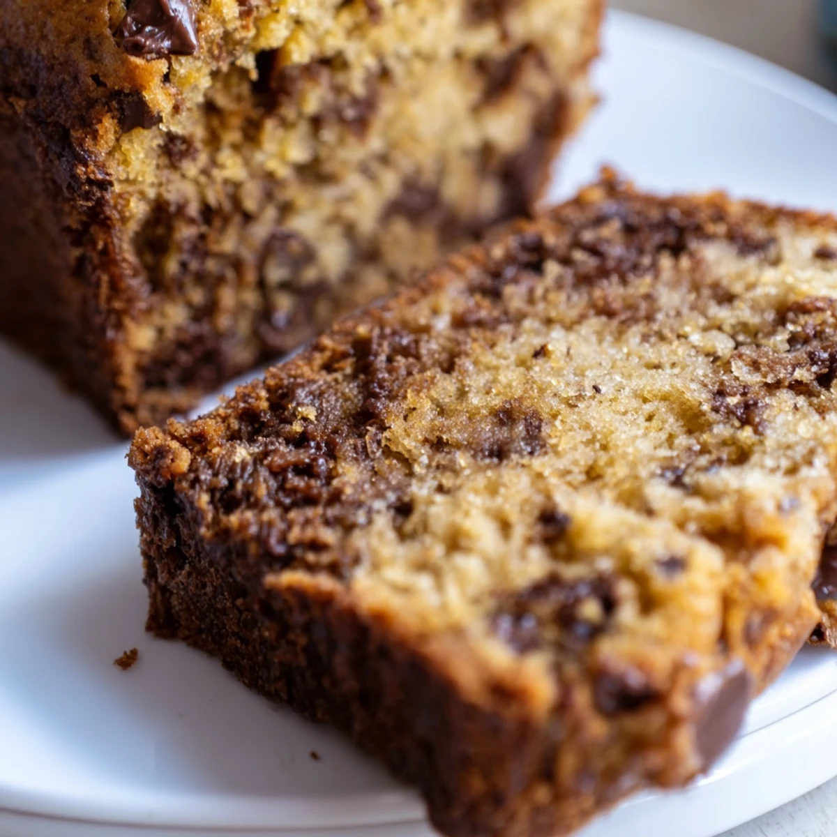 Warm slice of chocolate chip banana bread, showcasing gooey chips and a tender crumb.