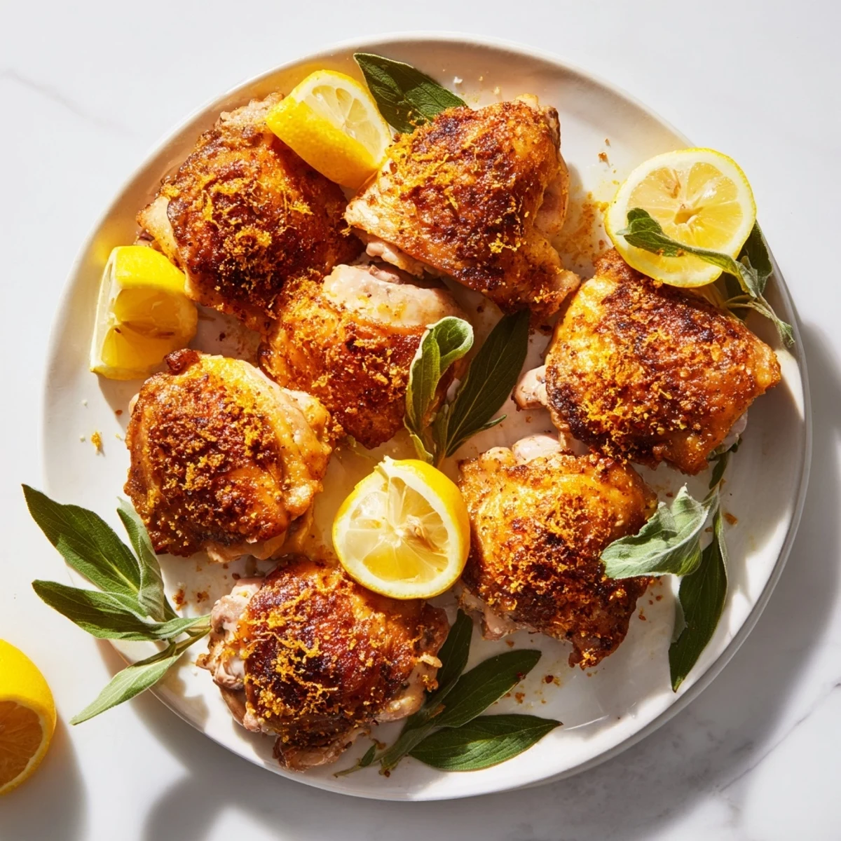 Golden-brown roasted chicken thighs with lemon and oregano, a flavorful Mediterranean main course ready to eat.