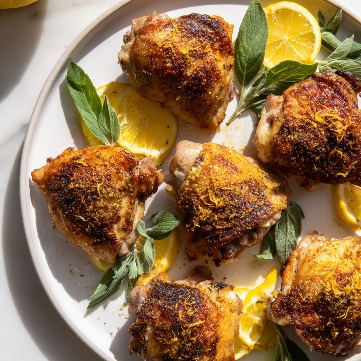 Imagine the crispy skin of roasted chicken thighs with lemon and oregano, perfectly seasoned and cooked until tender.