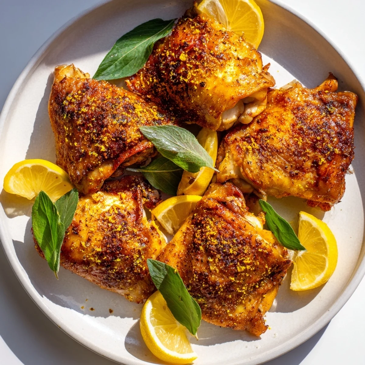 Up close view of juicy roasted chicken thighs with lemon and oregano, garnished, ideal for a delicious family dinner.
