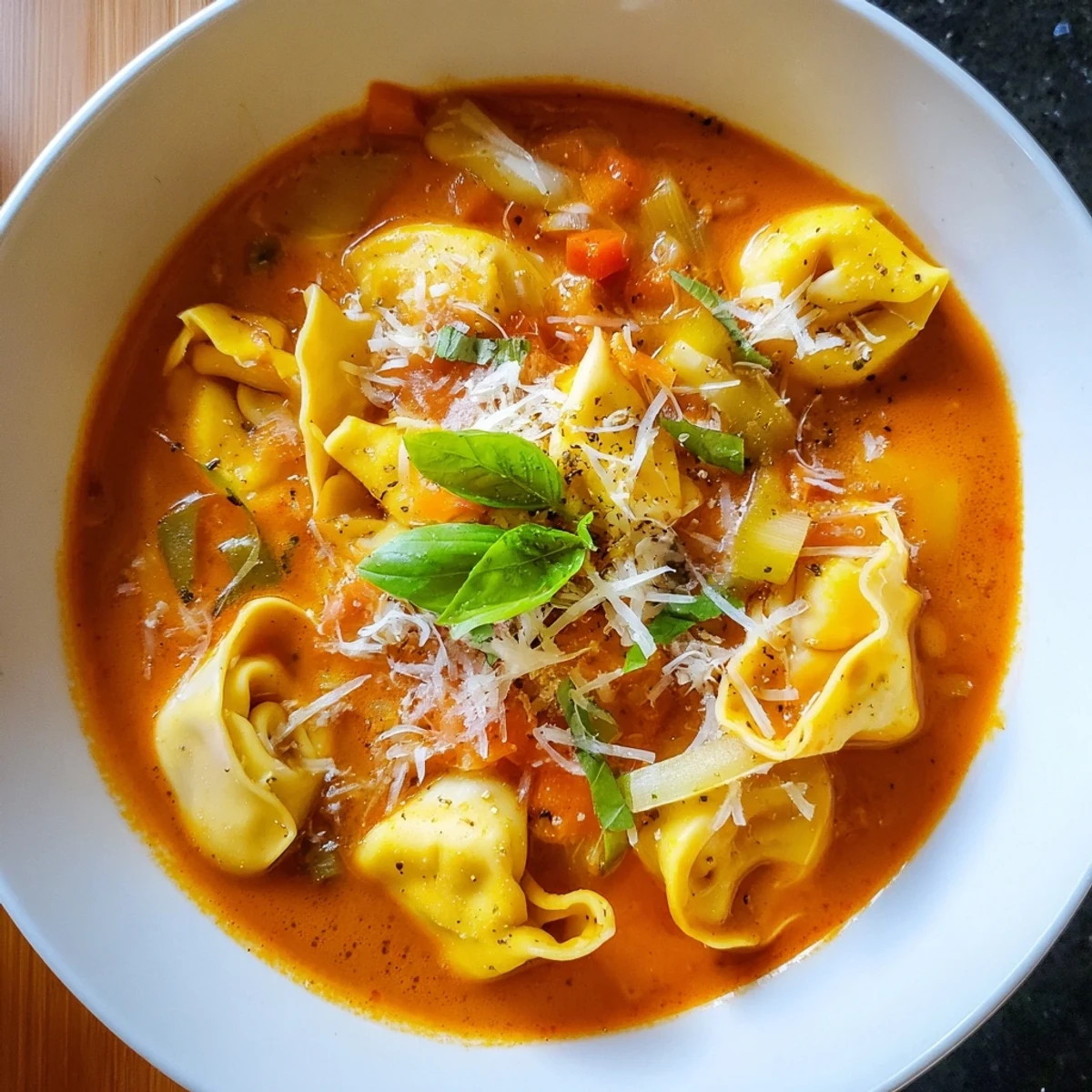 Steaming bowl of creamy tomato and tortellini soup, garnished with fresh basil, ready to eat.