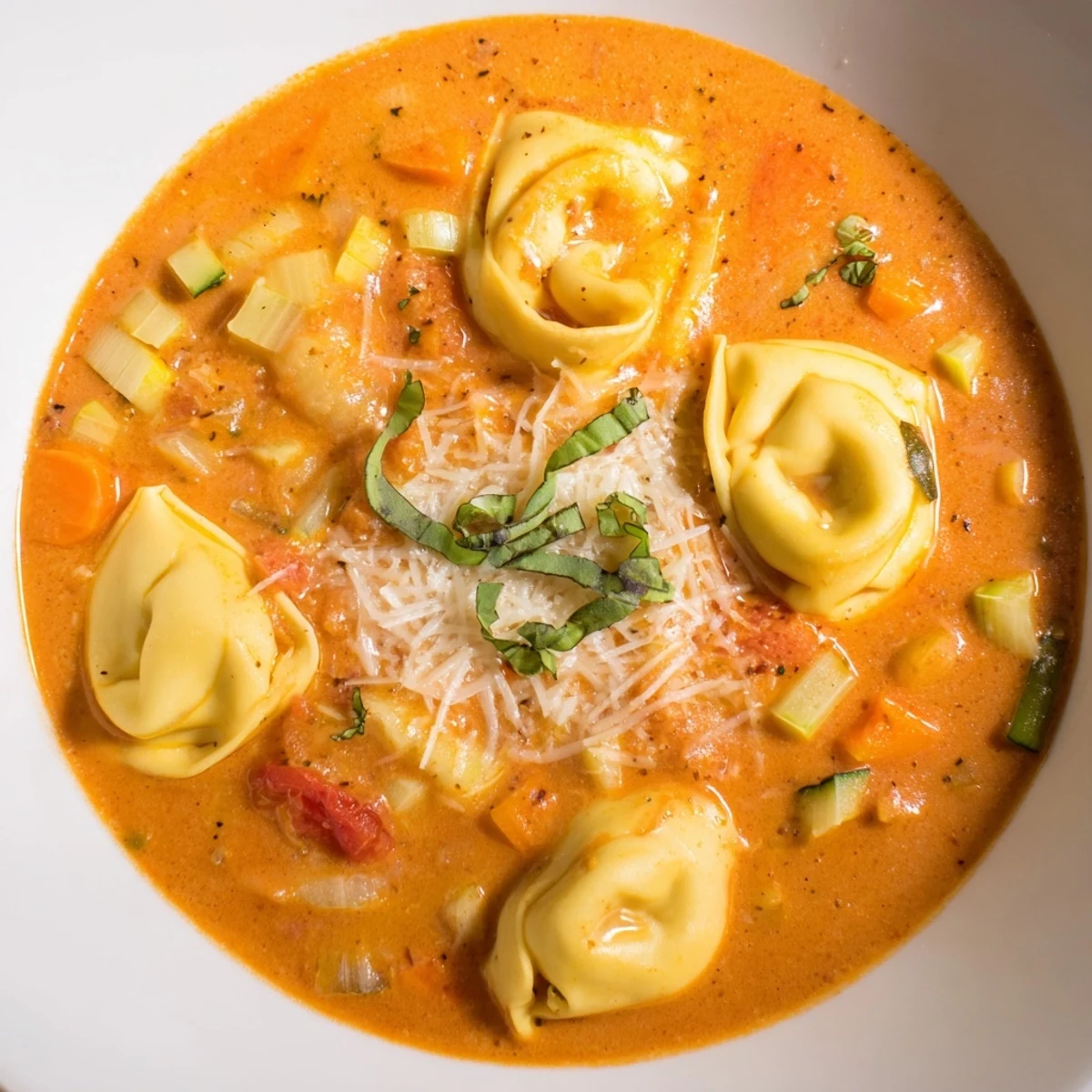 A close-up view of creamy tomato and tortellini soup, showing rich broth and tender pasta.
