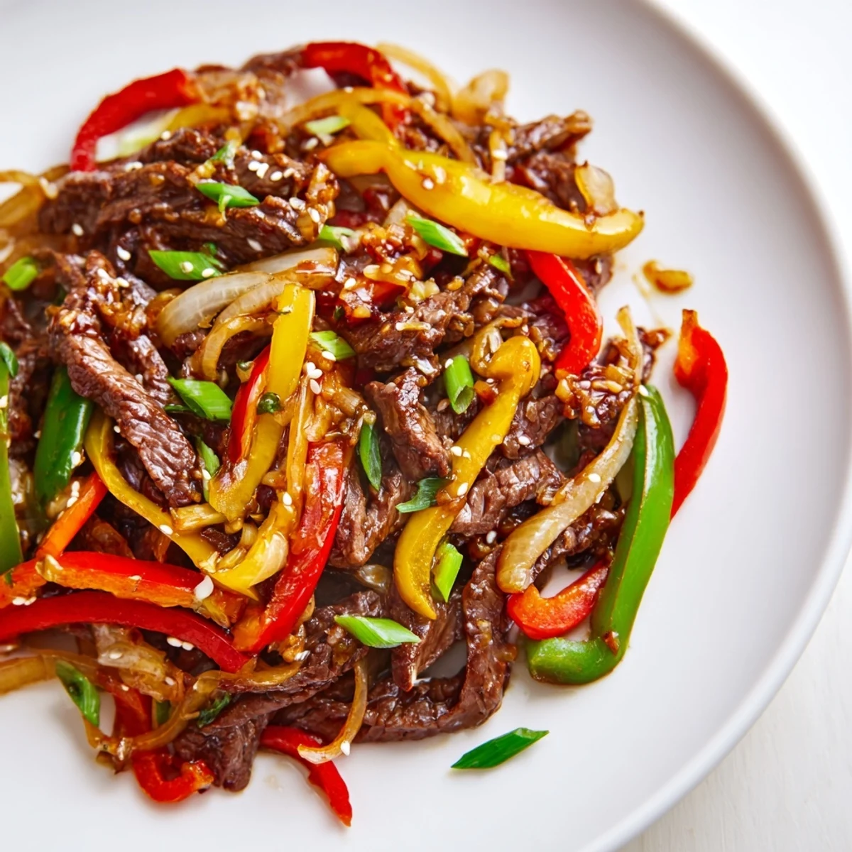 Close-up of a sizzling Spicy Beef and Pepper Stir Fry, showcasing the tender beef and colorful vegetables.