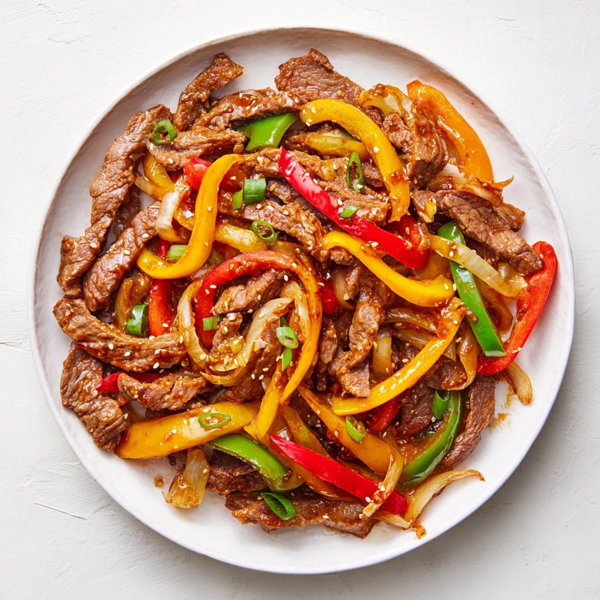 Delicious, flavorful Spicy Beef and Pepper Stir Fry, ready to serve with a garnish of green onions.
