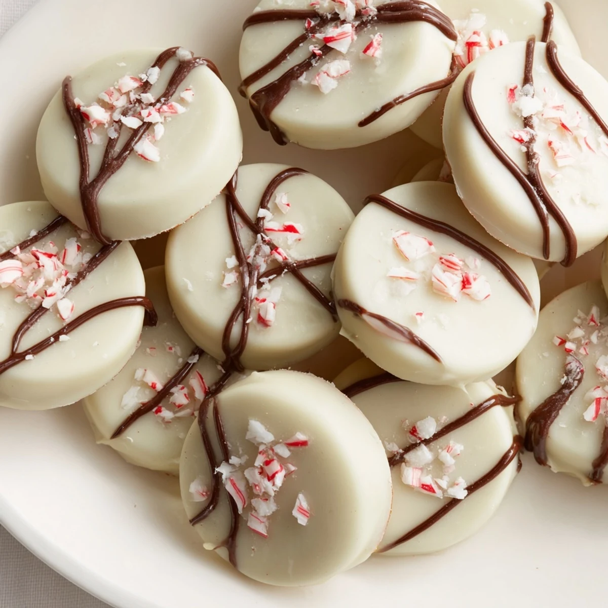 Smooth, white Peppermint Cream candies dipped in dark chocolate and sprinkled with crushed candy canes.