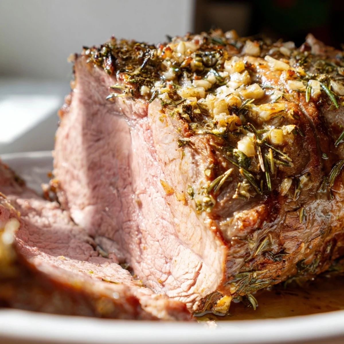 A close-up of tender Garlic Roast, showcasing garlic-herb crust and roasted potatoes alongside.