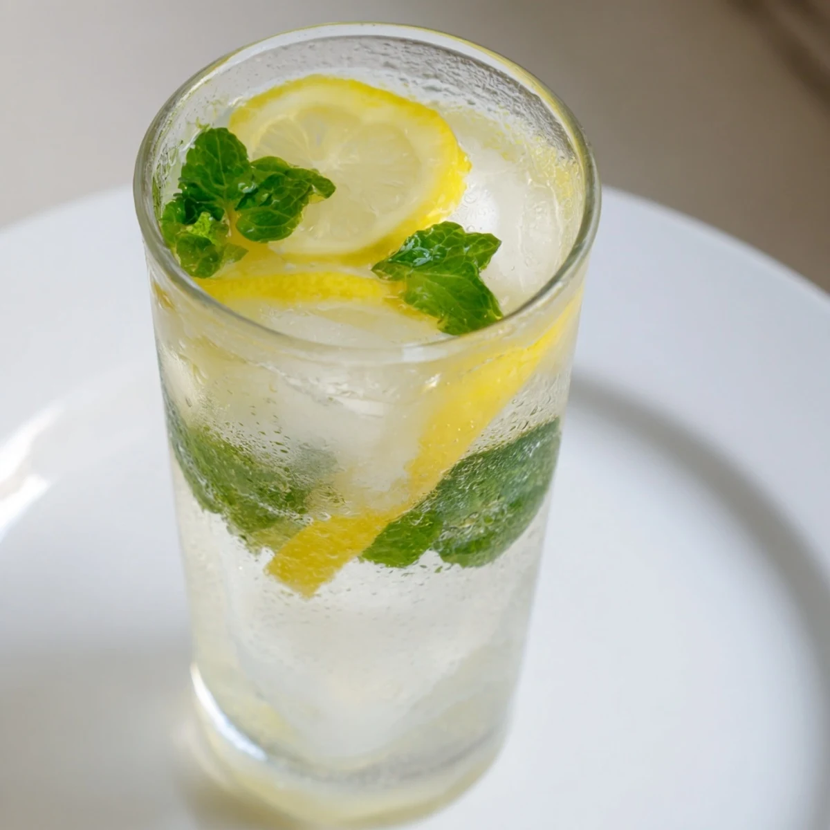 Bright, yellow Homemade Lemonade in a tall glass, garnished with lemon slices and mint.