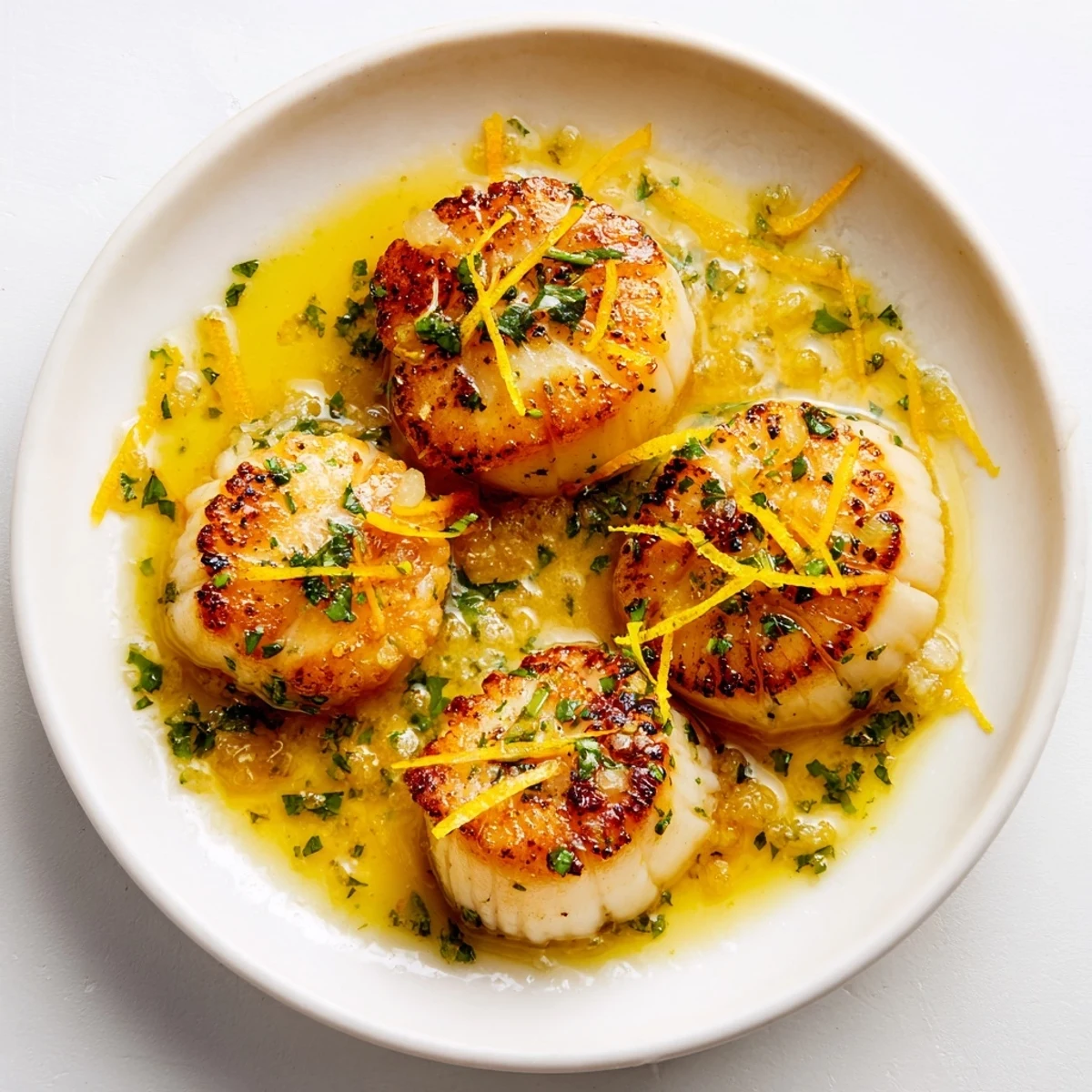 Golden seared lemon garlic scallops glistening in a buttery sauce, ready to be enjoyed.