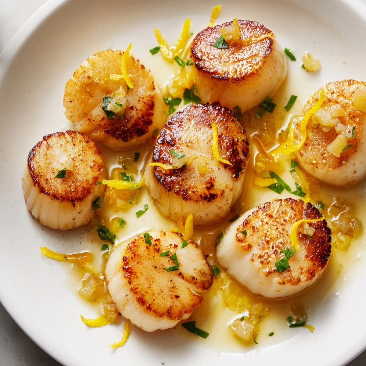 Close-up of perfectly cooked lemon garlic scallops, showcasing the tender, juicy texture.
